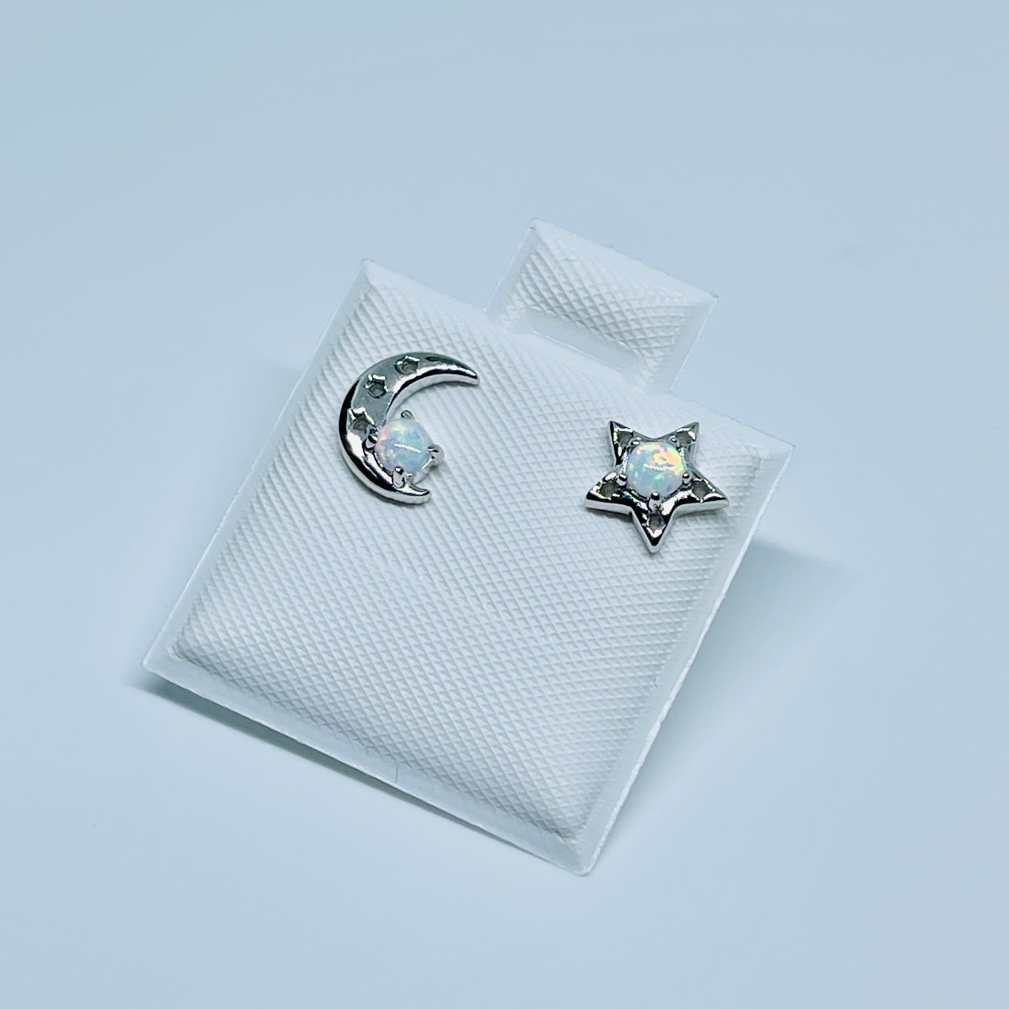 Sterling Silver Small Moon and Star with White Lab Opal Earring, Celestial Silver earring