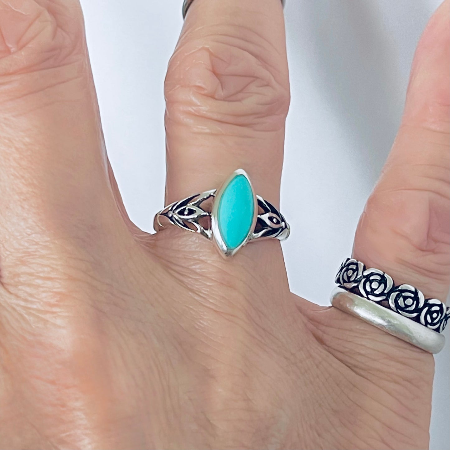 Sterling Silver Diamond Shape Synthetic Turquoise Ring | Boho Stone Jewelry