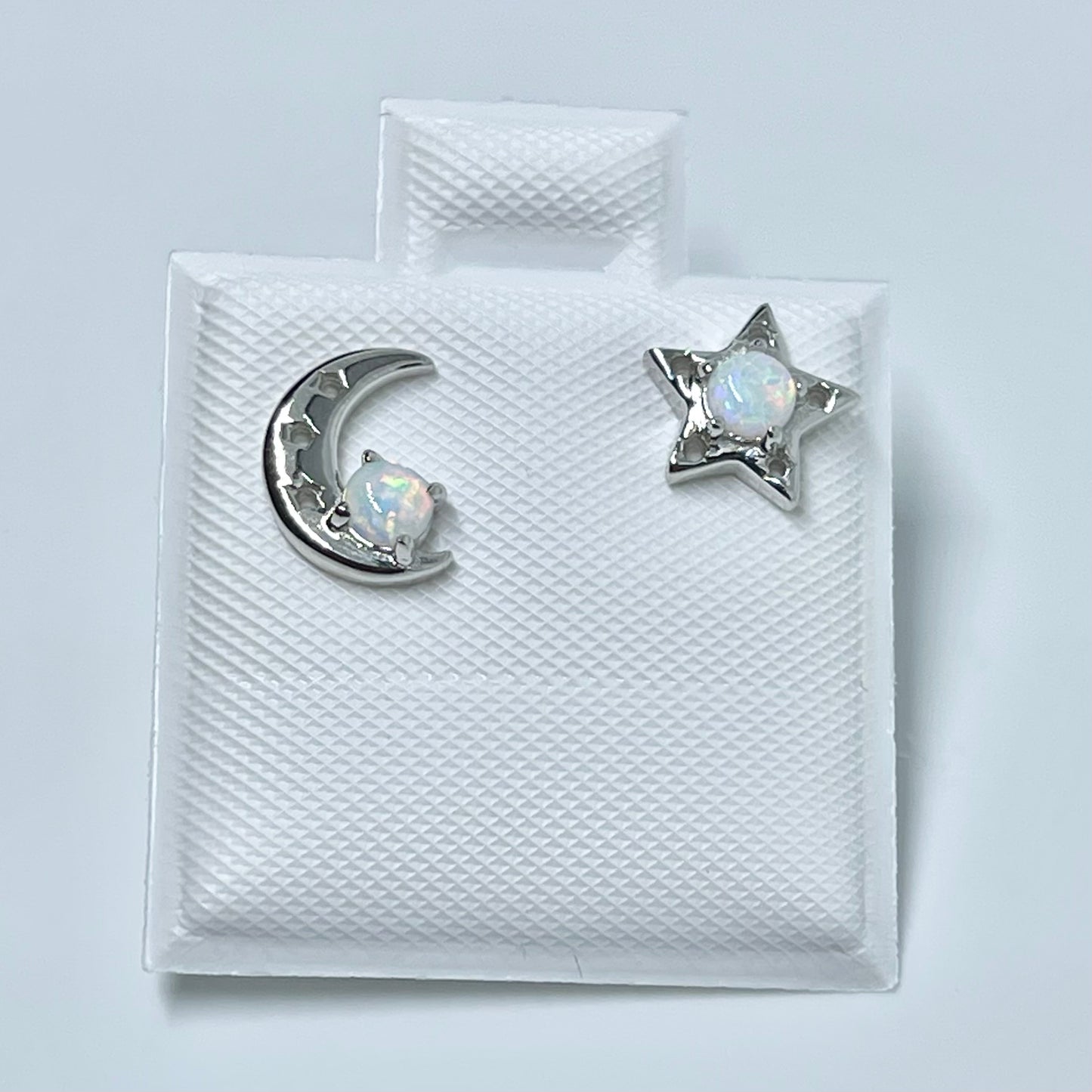 Sterling Silver Small Moon and Star with White Lab Opal Earring, Celestial Silver earring