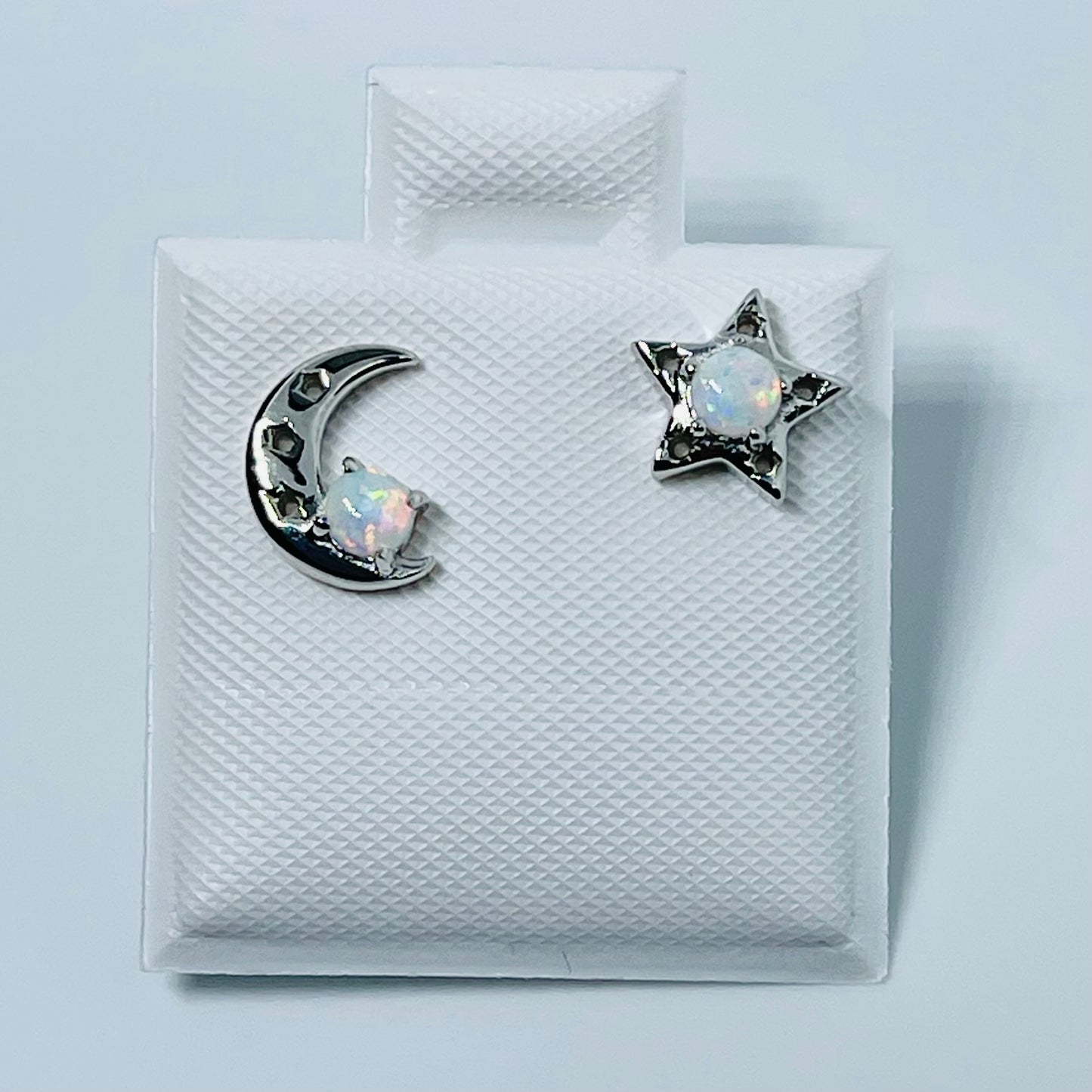 Sterling Silver Small Moon and Star with White Lab Opal Earring, Celestial Silver earring