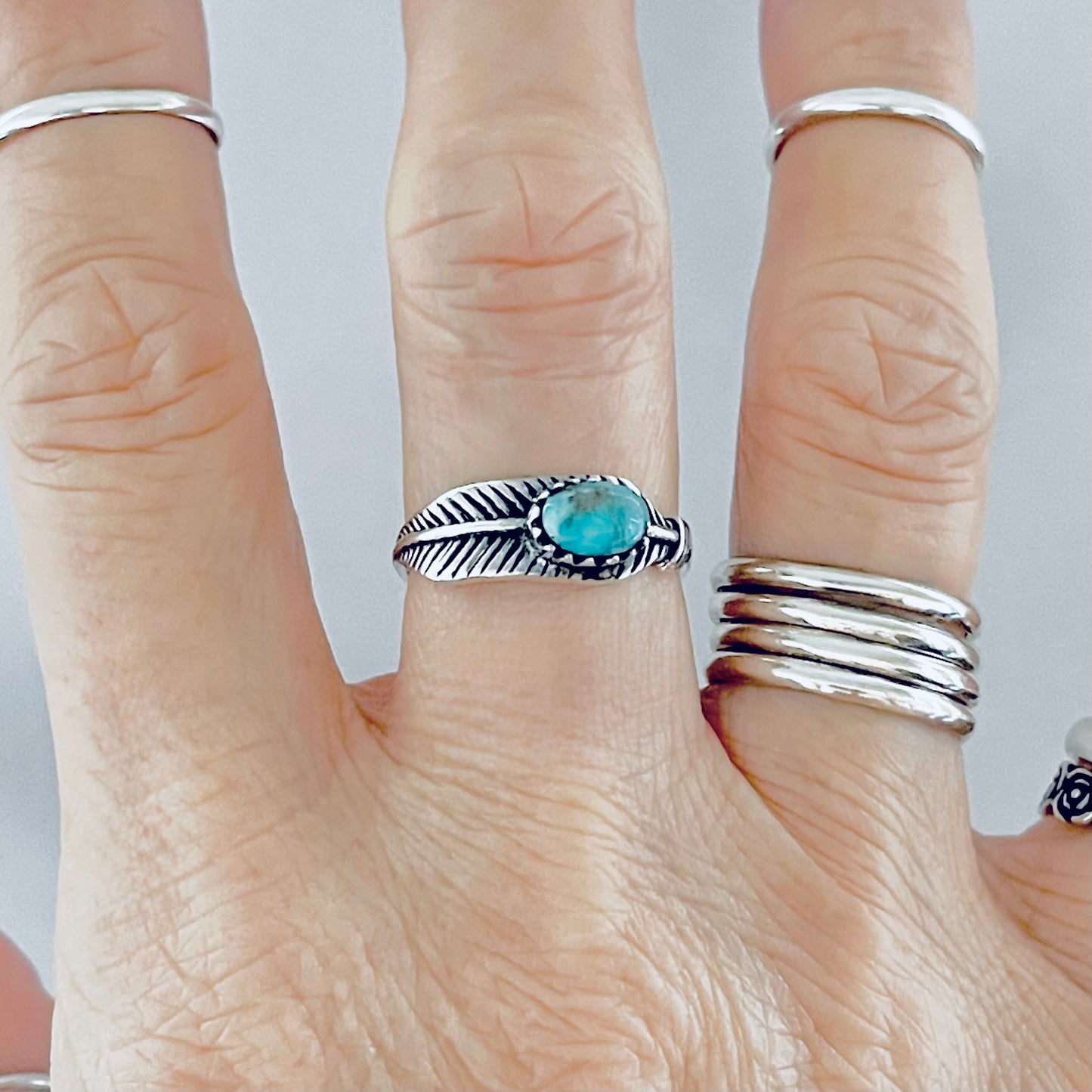 Sterling Silver Genuine Turquoise Angel Feather Ring, Spirit Bird Rings