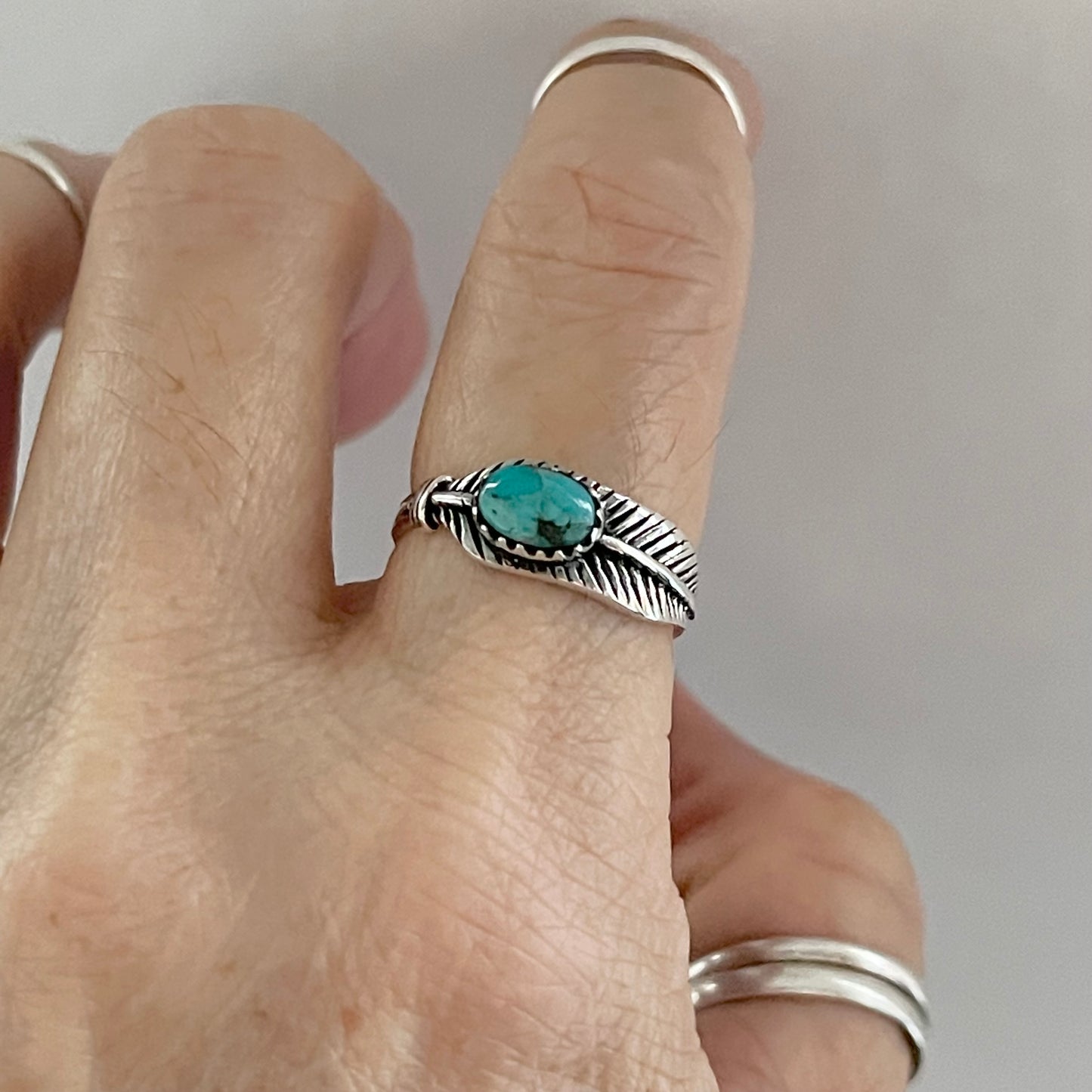 Sterling Silver Genuine Turquoise Angel Feather Ring, Spirit Silver Rings