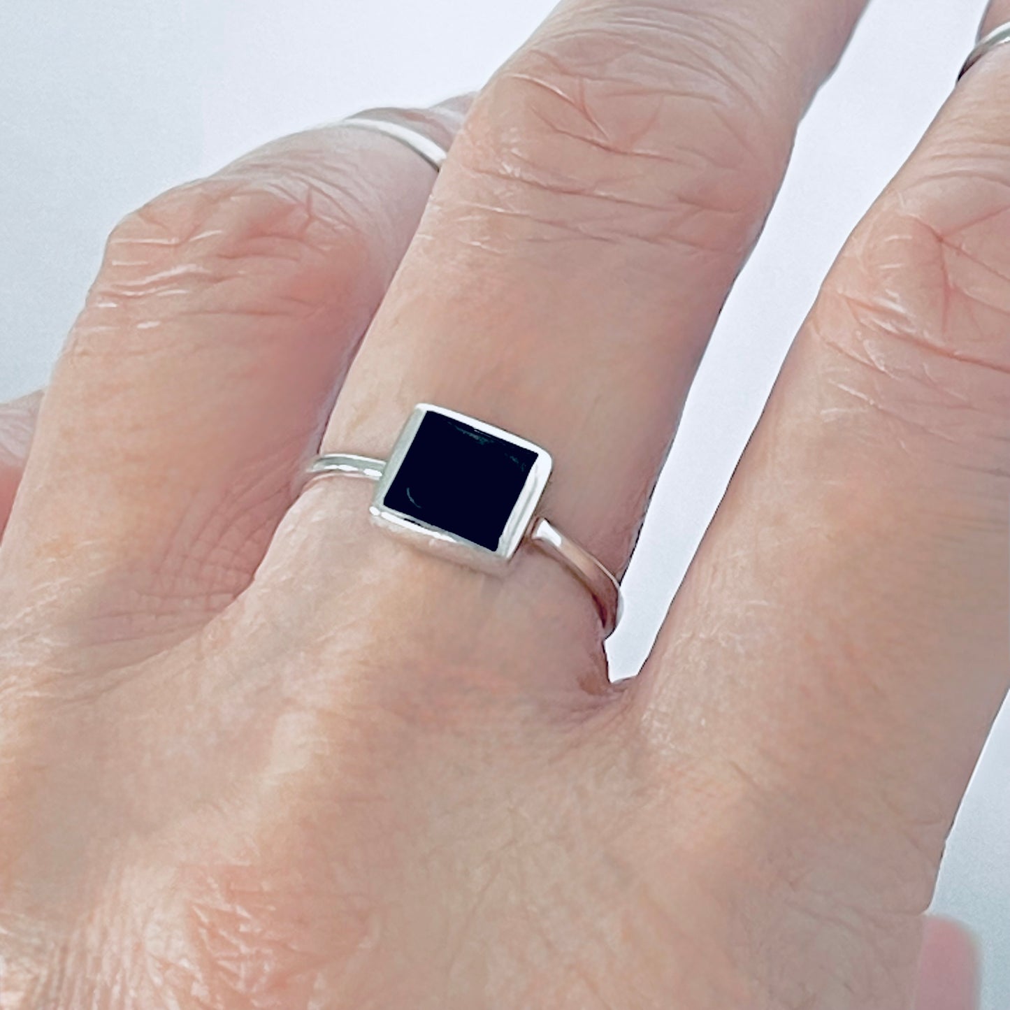 Sterling Silver Square Black Onyx Ring, Dainty Stone Jewelry