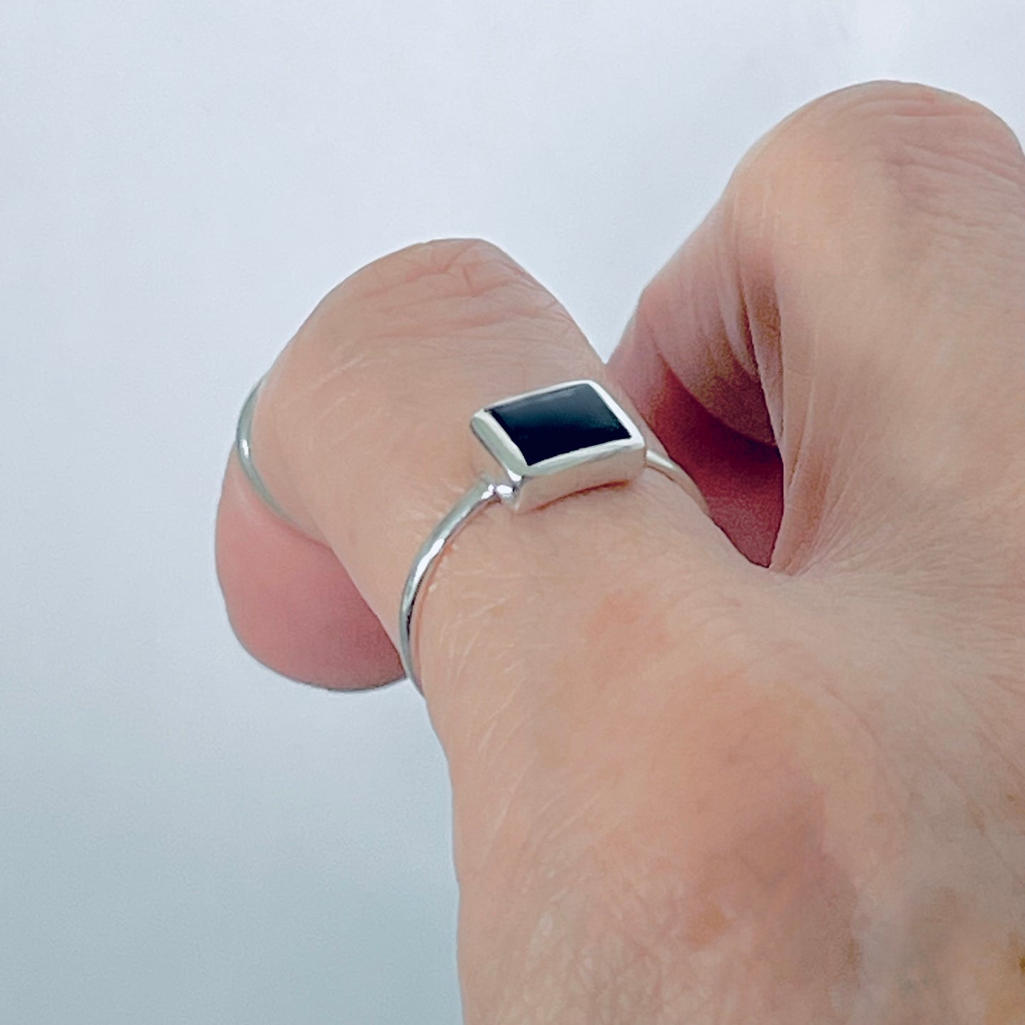 Sterling Silver Square Black Onyx Ring, Dainty Stone Jewelry
