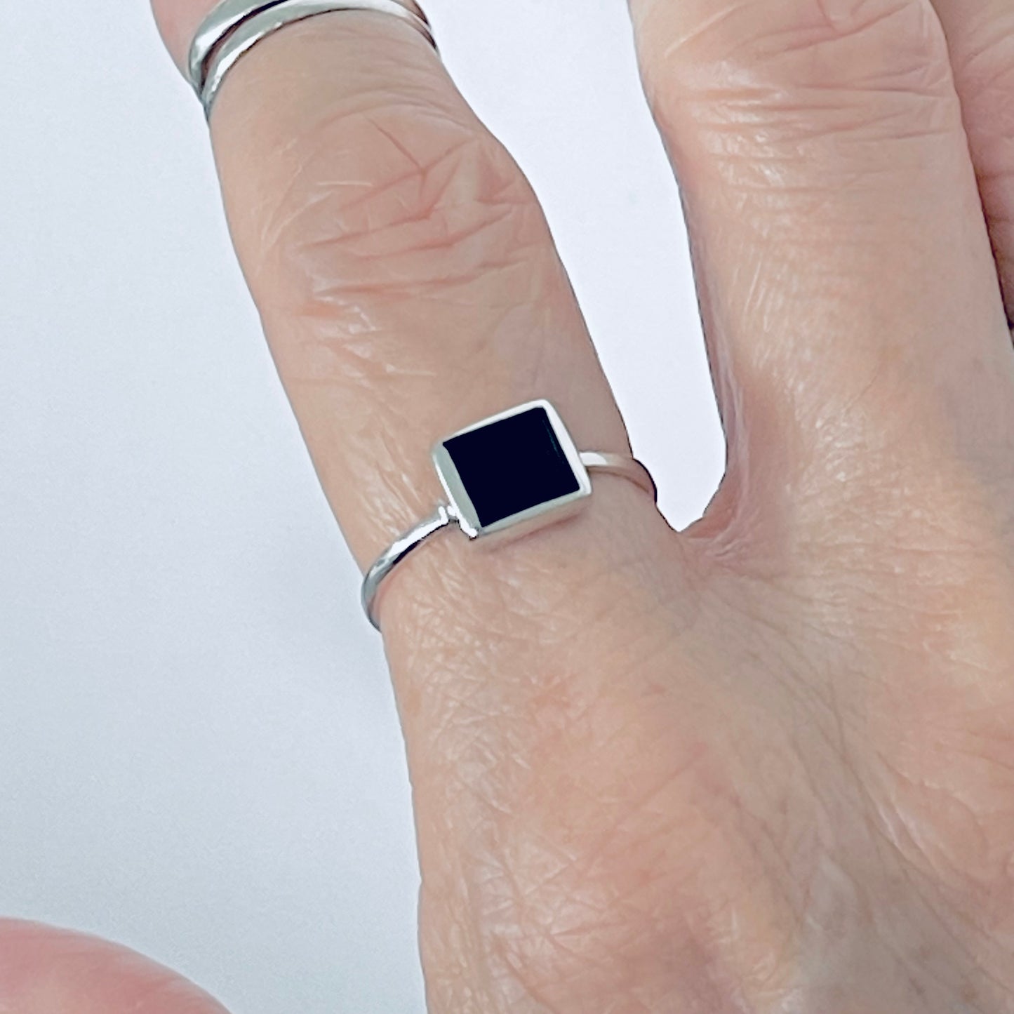 Sterling Silver Square Black Onyx Ring, Dainty Stone Jewelry