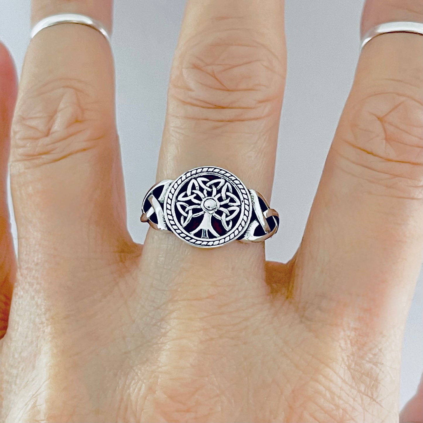 Sterling Silver Little Triquetras Tree of Life Ring with Side Celtic, Fortune Jewelry, Trinity Knots