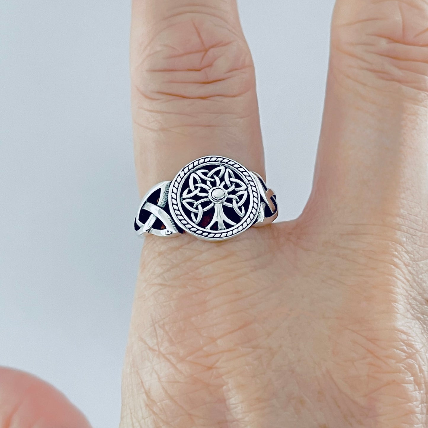 Sterling Silver Little Triquetras Tree of Life Ring with Side Celtic, Fortune Jewelry, Trinity Knots