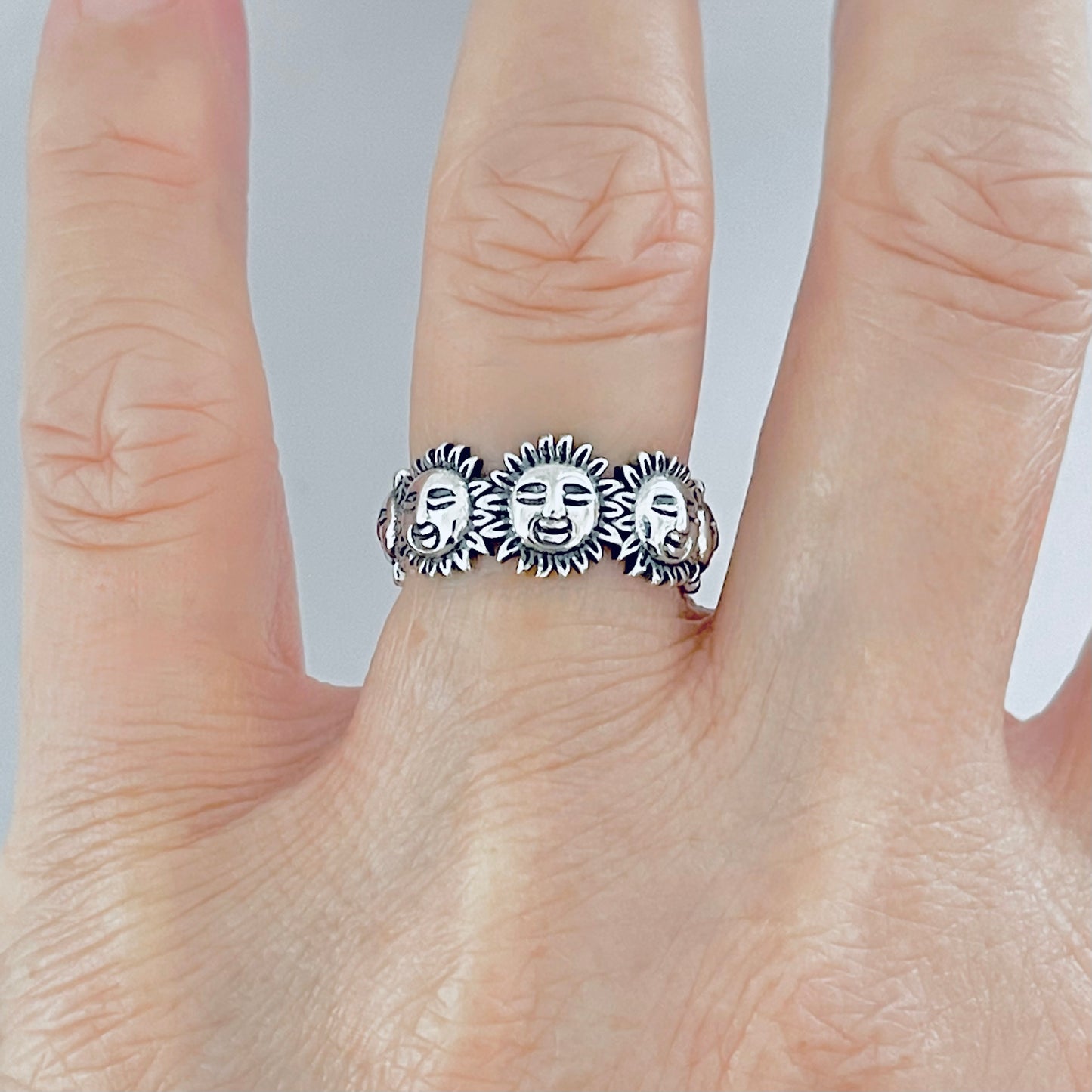 Sterling Silver Unisex Sunny Faces Ring, Silver Rings, Celestial Ring, Sun, Sunshine