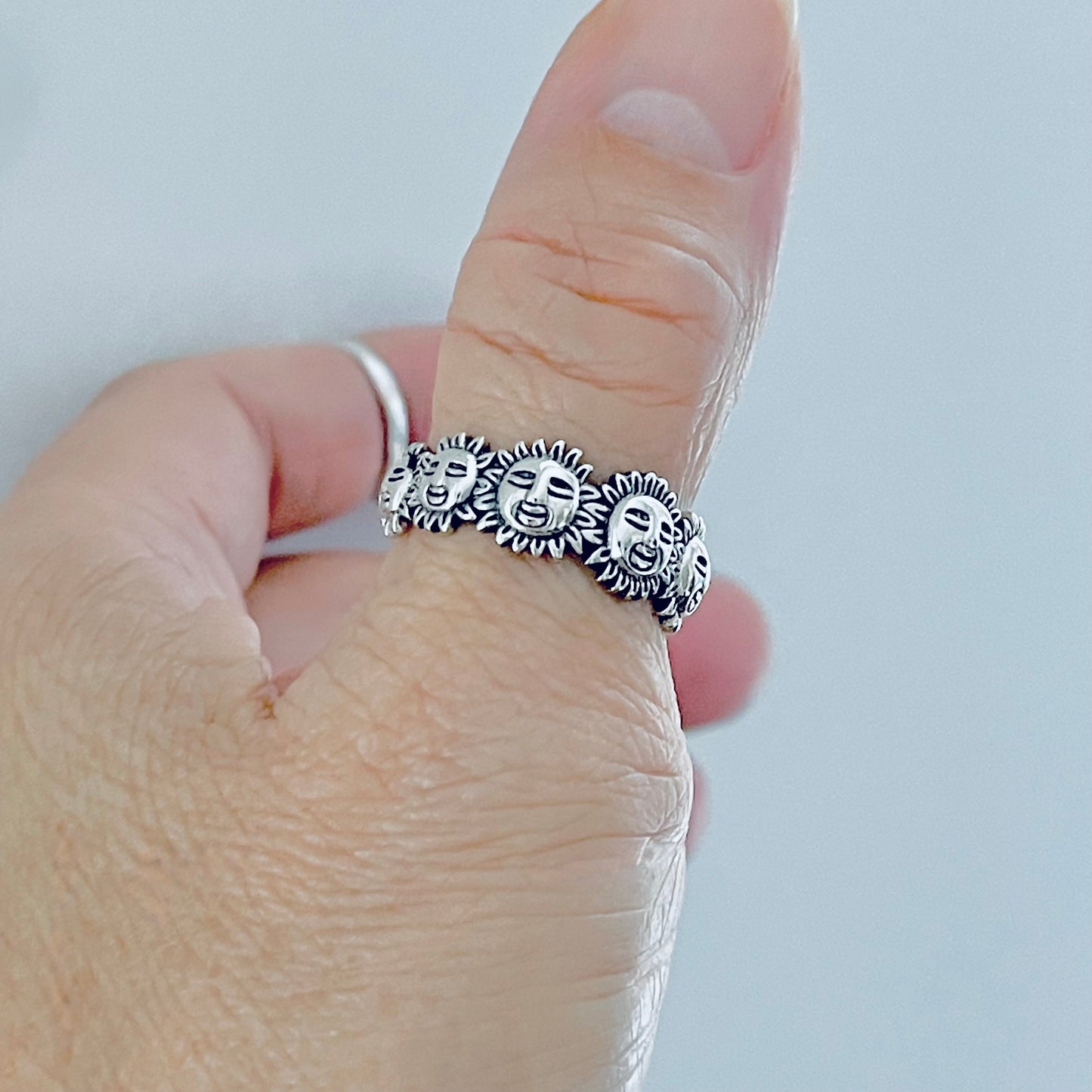Sterling Silver Unisex Sunny Faces Ring, Silver Rings, Celestial Ring, Sun, Sunshine
