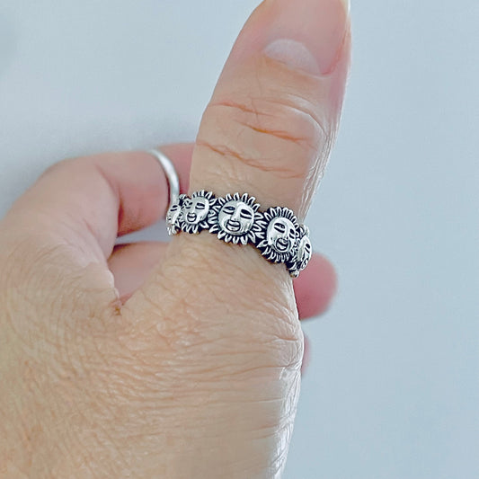 Sterling Silver Unisex Sunny Faces Ring, Silver Rings, Celestial Ring, Sun, Sunshine
