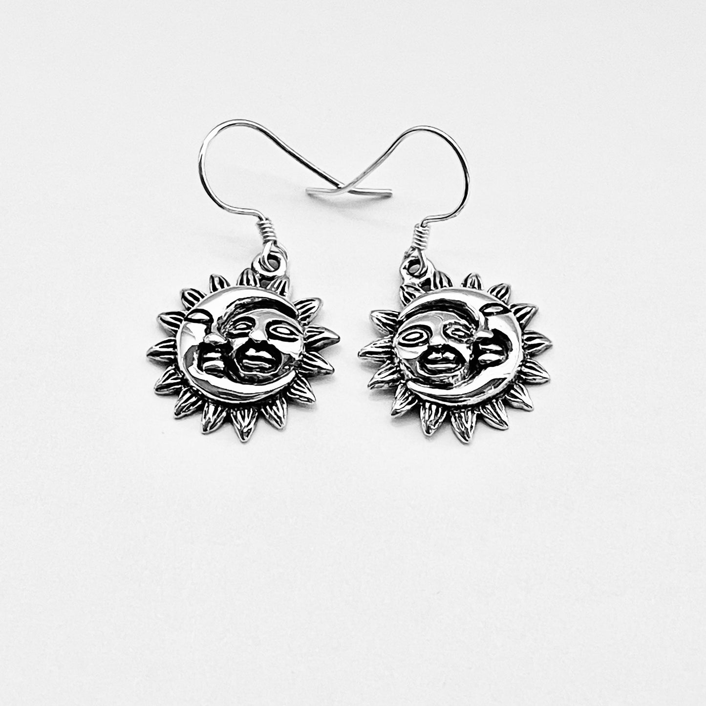 Sterling Silver Large Dangle Face Moon and Sun Earring, Celestial Earring, Silver Earrings