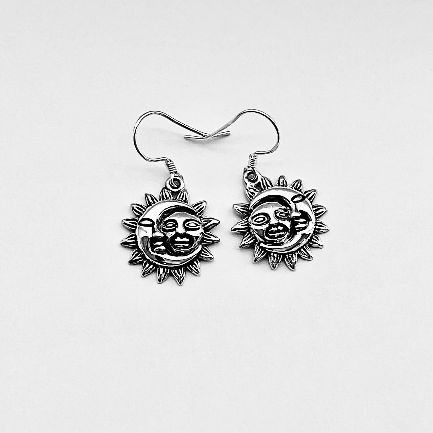 Sterling Silver Large Dangle Face Moon and Sun Earring, Celestial Earring, Silver Earrings