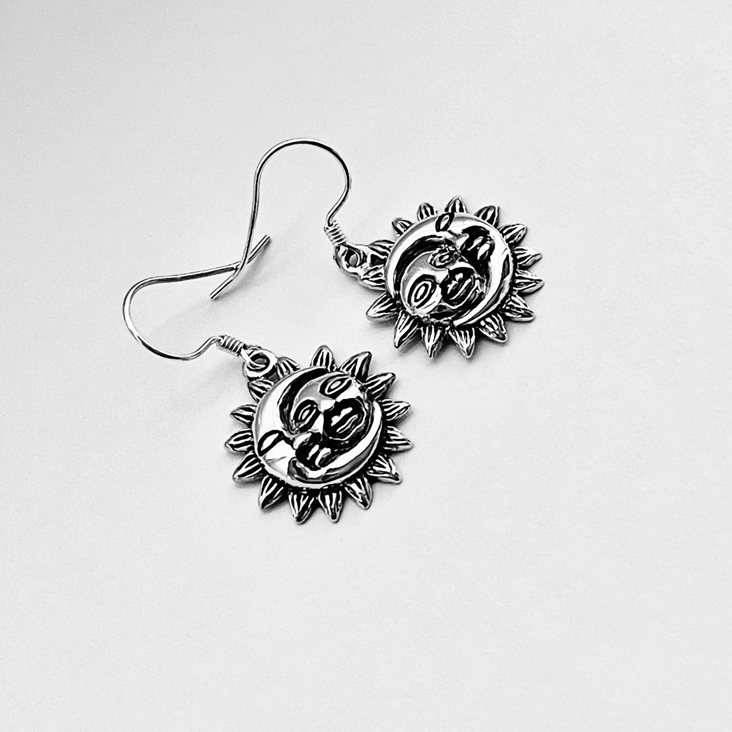 Sterling Silver Large Dangle Face Moon and Sun Earring, Celestial Earring, Silver Earrings