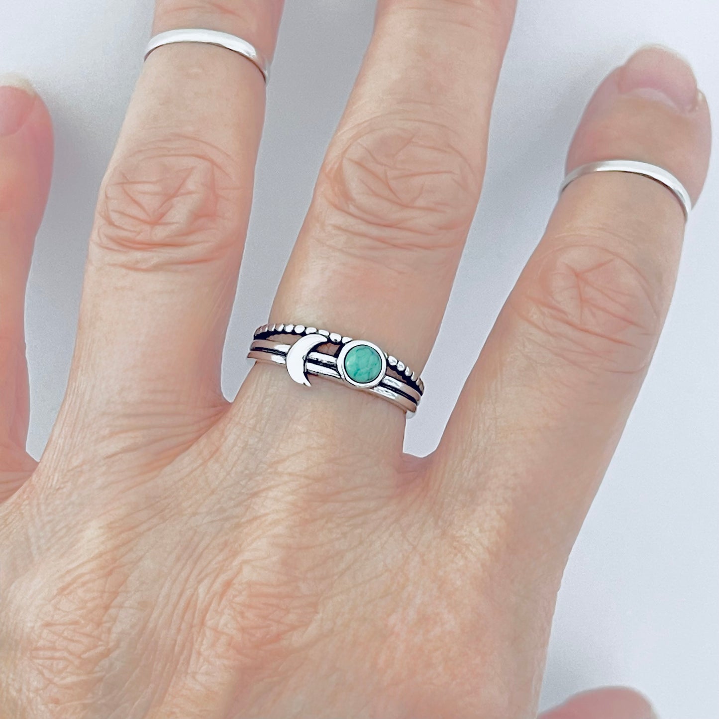 925 Sterling Silver Genuine Turquoise Full Moon and Crescent Moon Ring | Triple Band Celestial Silver Rings