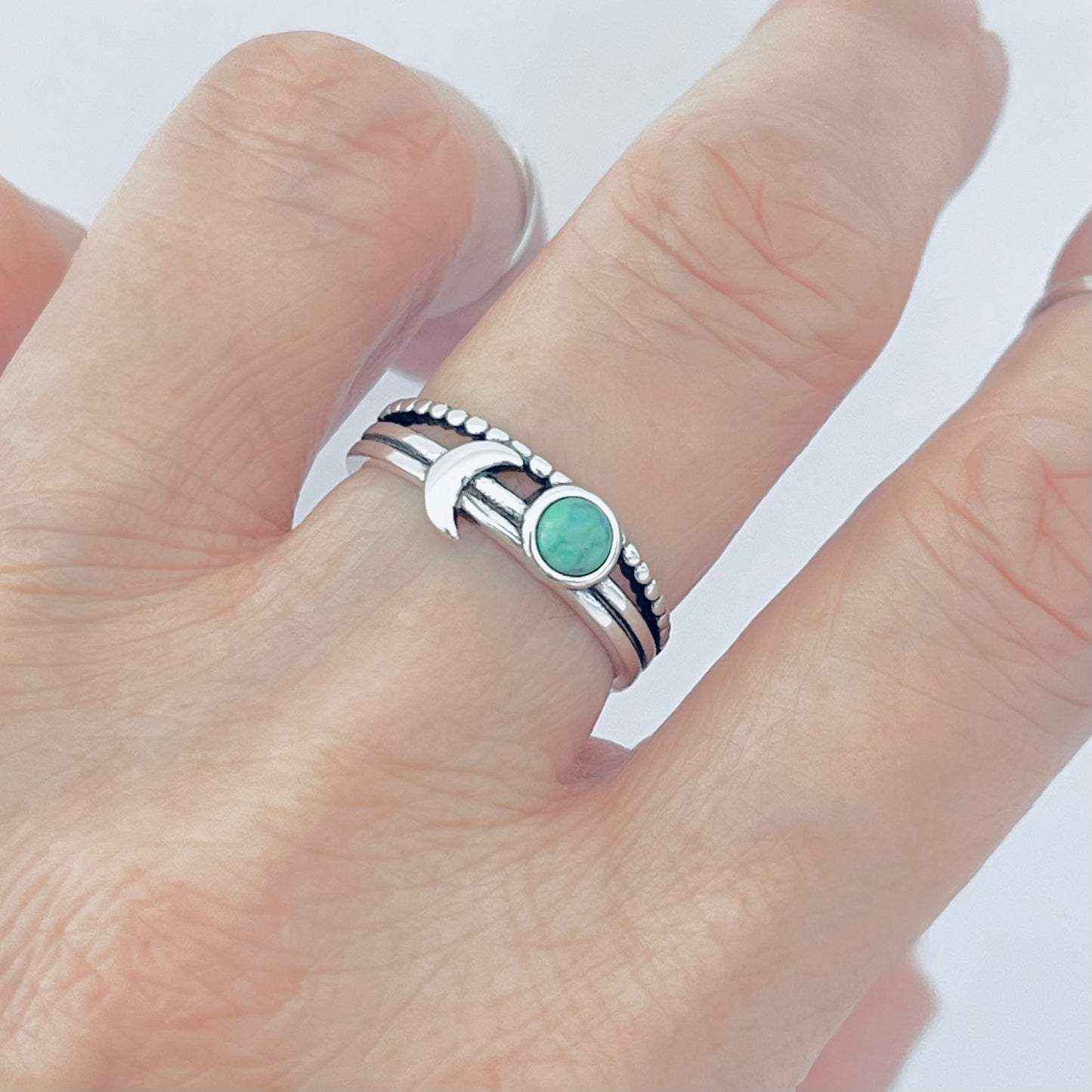 925 Sterling Silver Genuine Turquoise Full Moon and Crescent Moon Ring | Triple Band Celestial Silver Rings