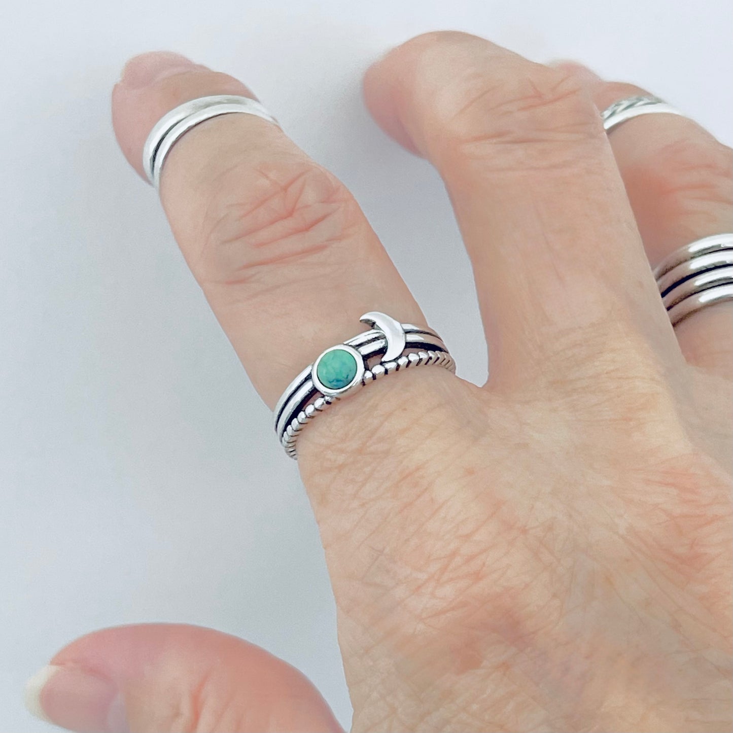 925 Sterling Silver Genuine Turquoise Full Moon and Crescent Moon Ring | Triple Band Celestial Silver Rings