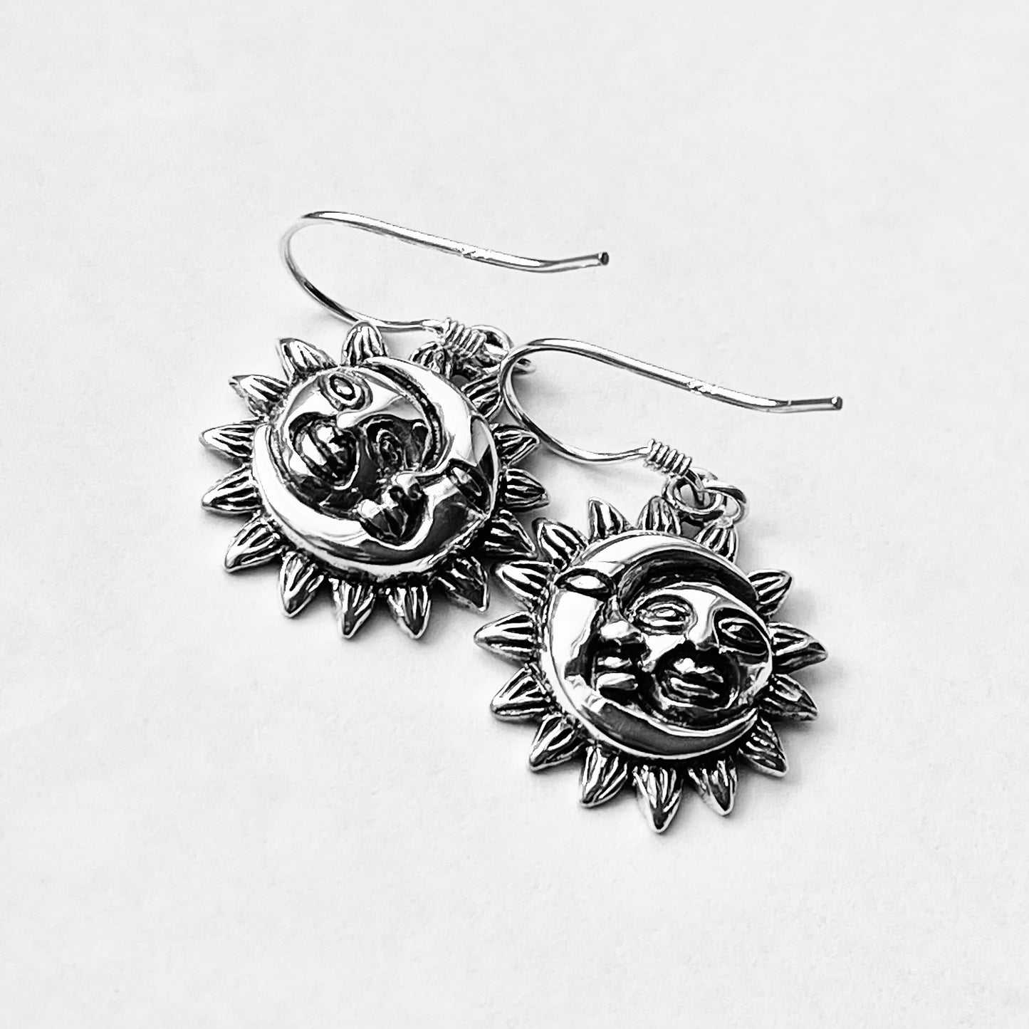 Sterling Silver Large Dangle Face Moon and Sun Earring, Celestial Earring, Silver Earrings
