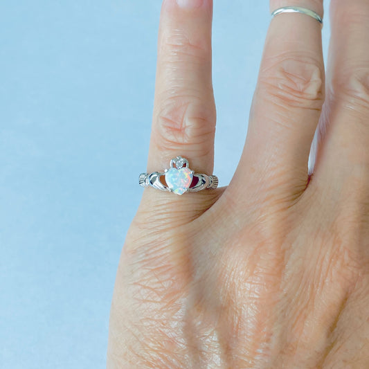 Sterling Silver White Lab Opal Heart Irish Claddagh Ring – Love Friendship Loyalty Rings
