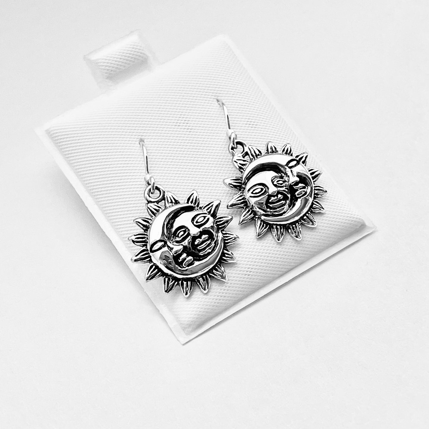 Sterling Silver Large Dangle Face Moon and Sun Earring, Celestial Earring, Silver Earrings