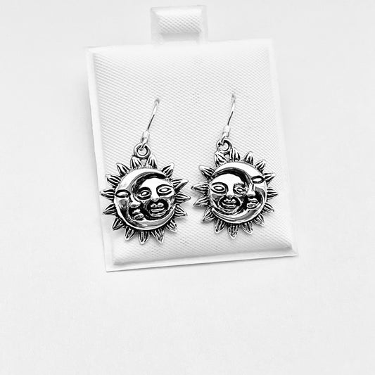 Sterling Silver Large Dangle Face Moon and Sun Earring, Celestial Earring, Silver Earrings