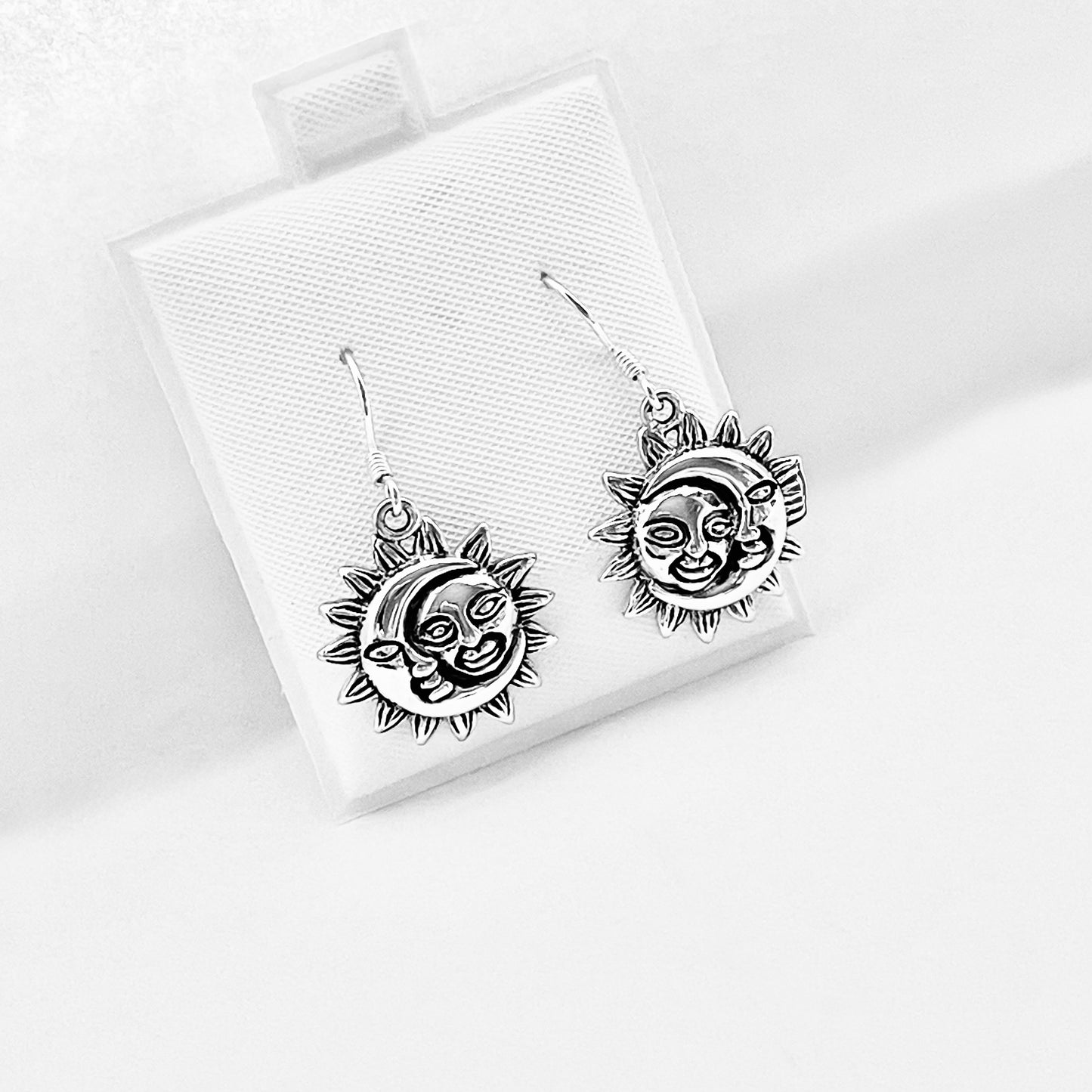 Sterling Silver Large Dangle Face Moon and Sun Earring, Celestial Earring, Silver Earrings