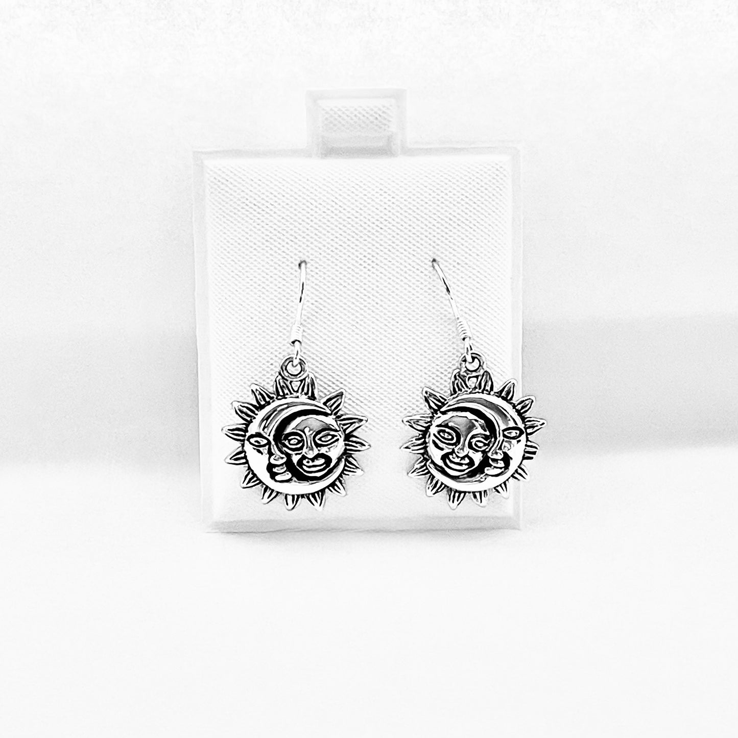 Sterling Silver Large Dangle Face Moon and Sun Earring, Celestial Earring, Silver Earrings