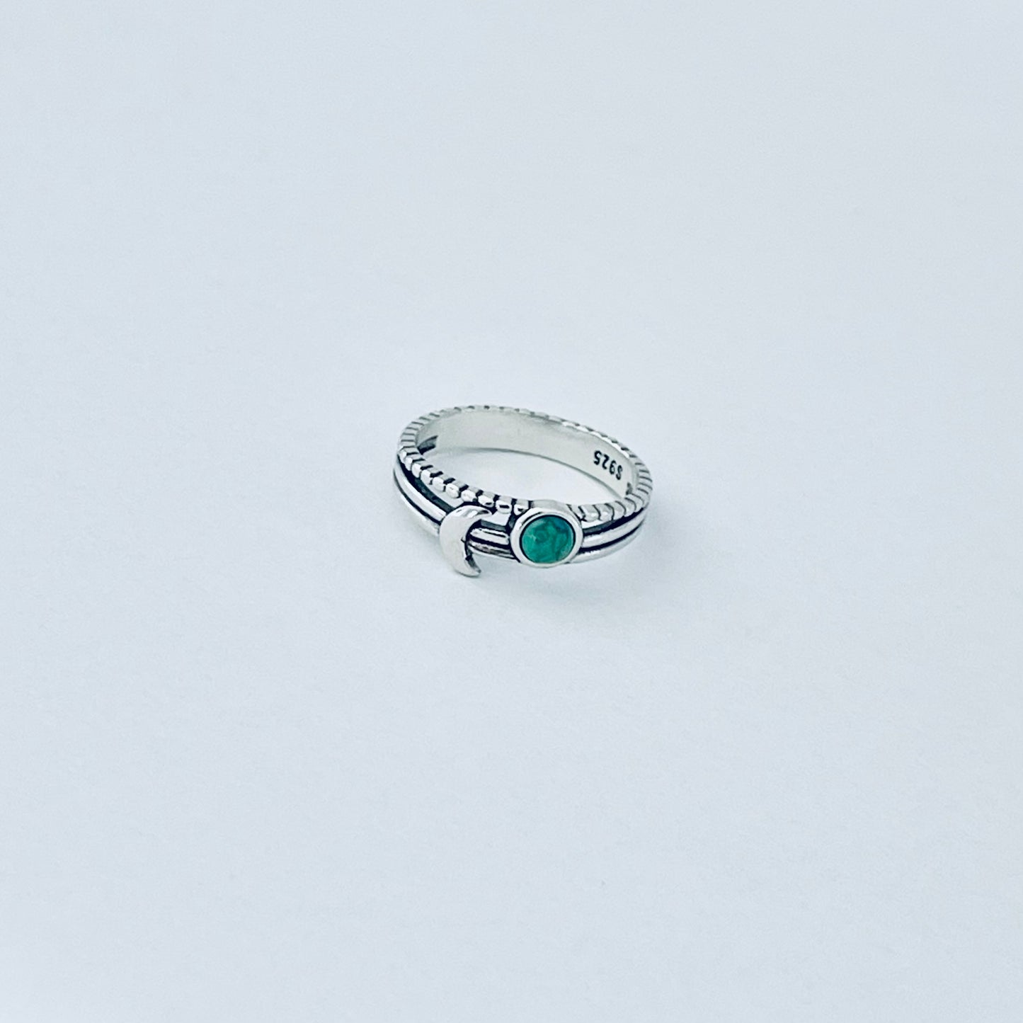 925 Sterling Silver Genuine Turquoise Full Moon and Crescent Moon Ring | Triple Band Celestial Silver Rings