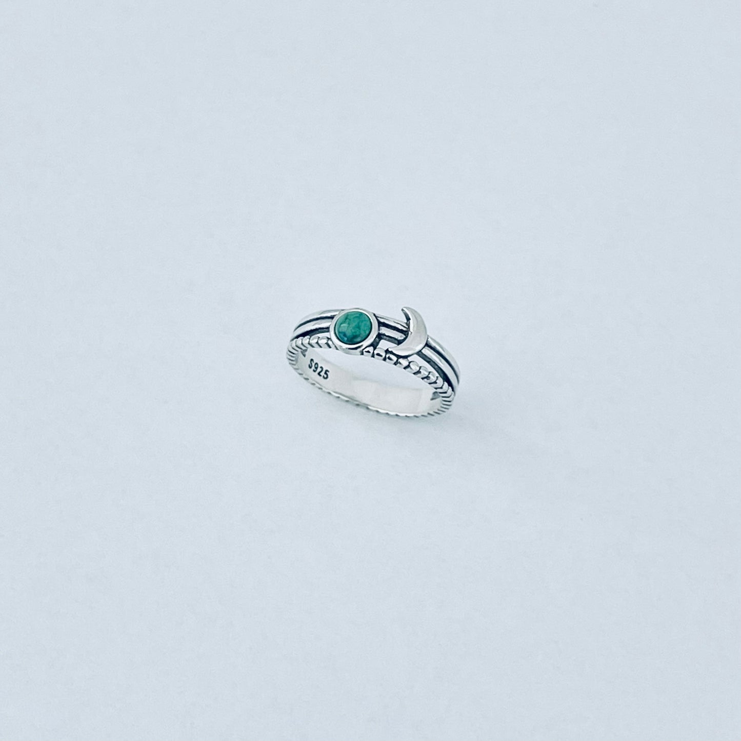 925 Sterling Silver Genuine Turquoise Full Moon and Crescent Moon Ring | Triple Band Celestial Silver Rings