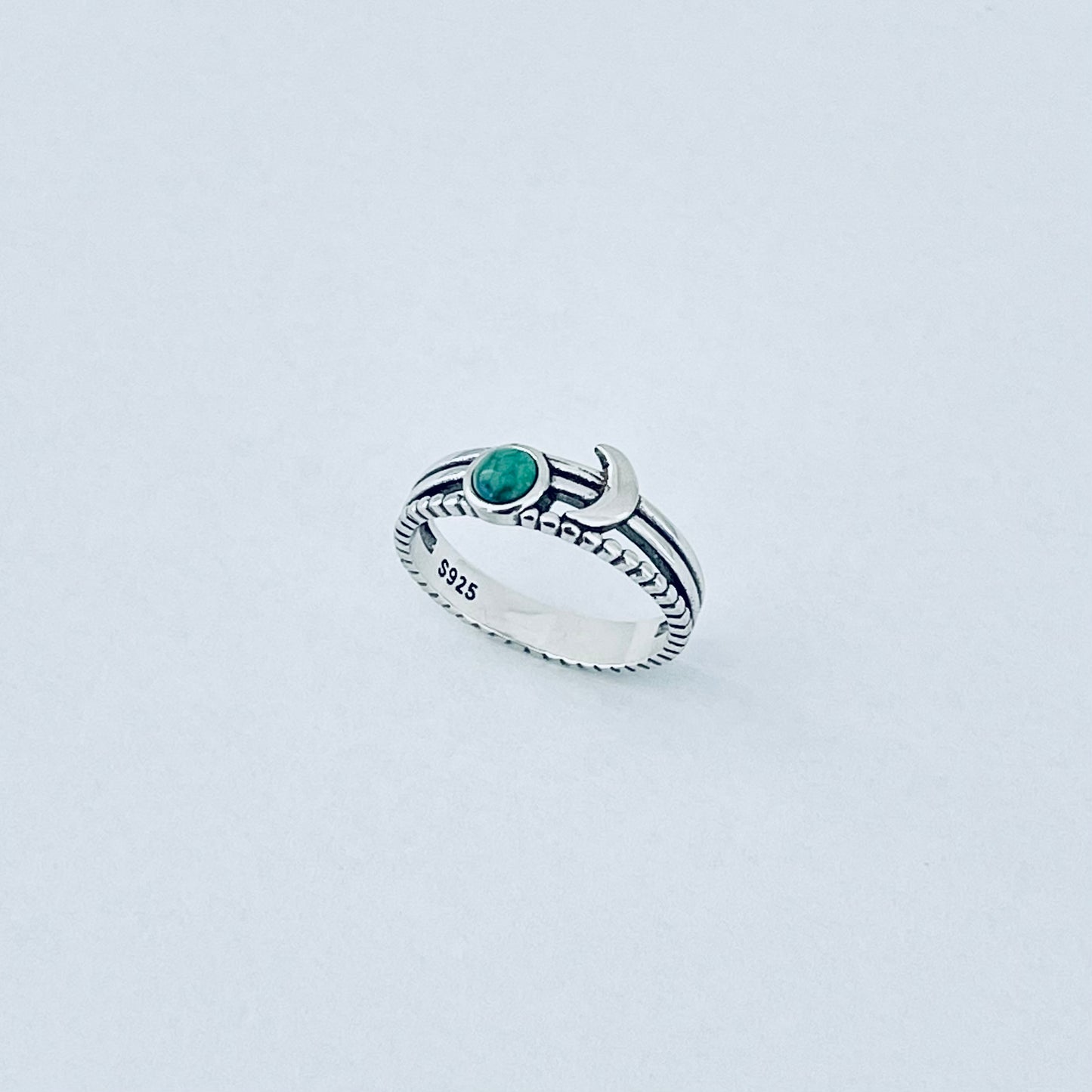 925 Sterling Silver Genuine Turquoise Full Moon and Crescent Moon Ring | Triple Band Celestial Silver Rings