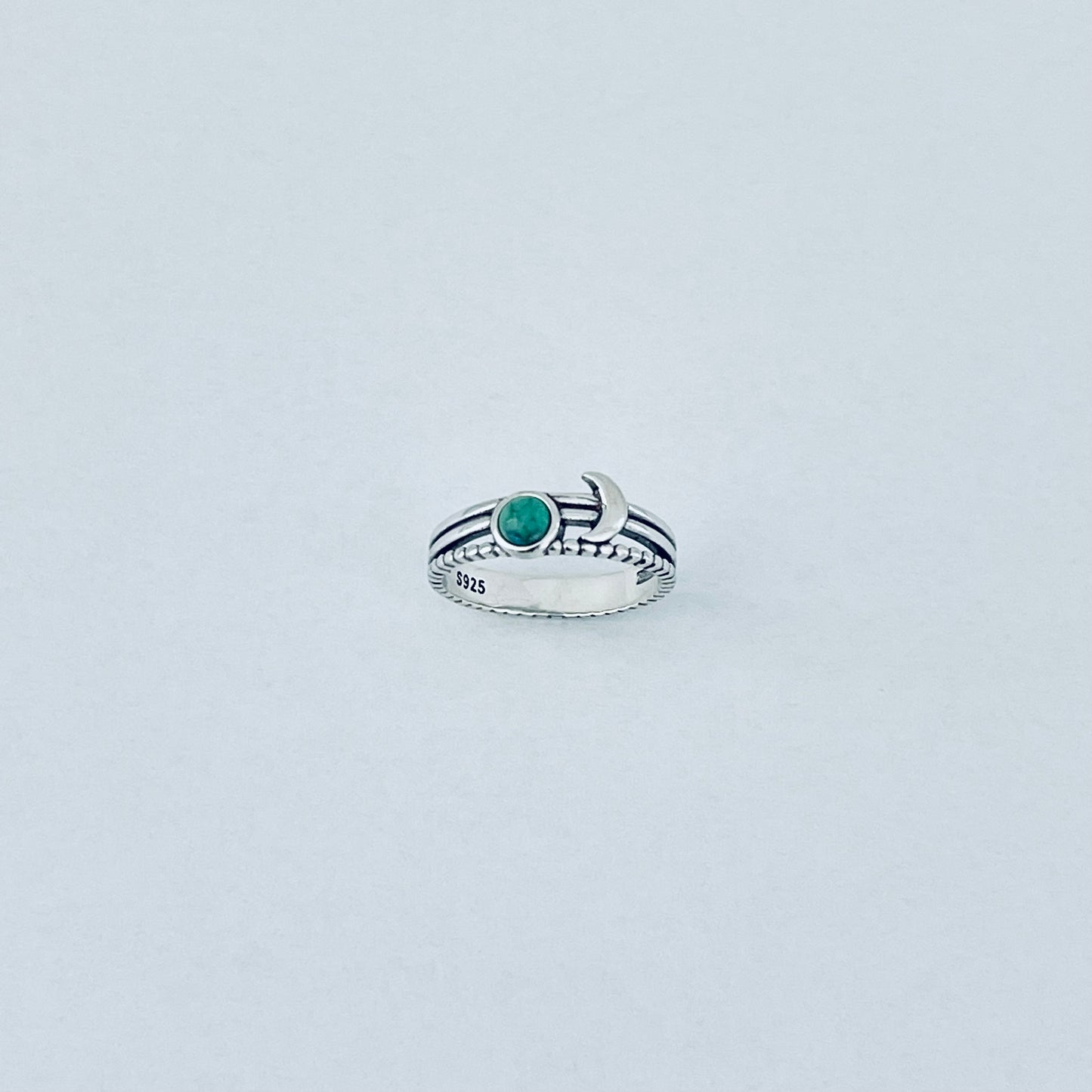 925 Sterling Silver Genuine Turquoise Full Moon and Crescent Moon Ring | Triple Band Celestial Silver Rings