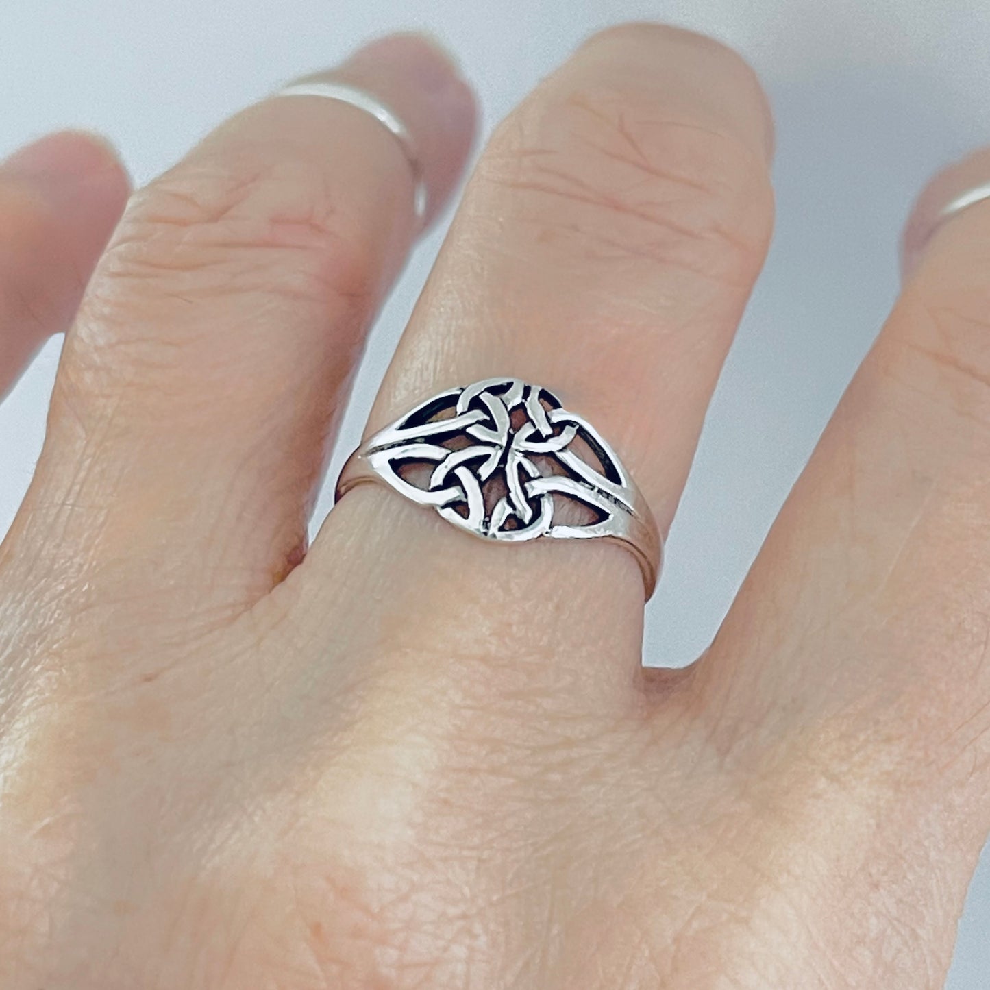 Sterling Silver Thin Quadruple Celtic Ring, Delicate Trinity Knots Jewelry