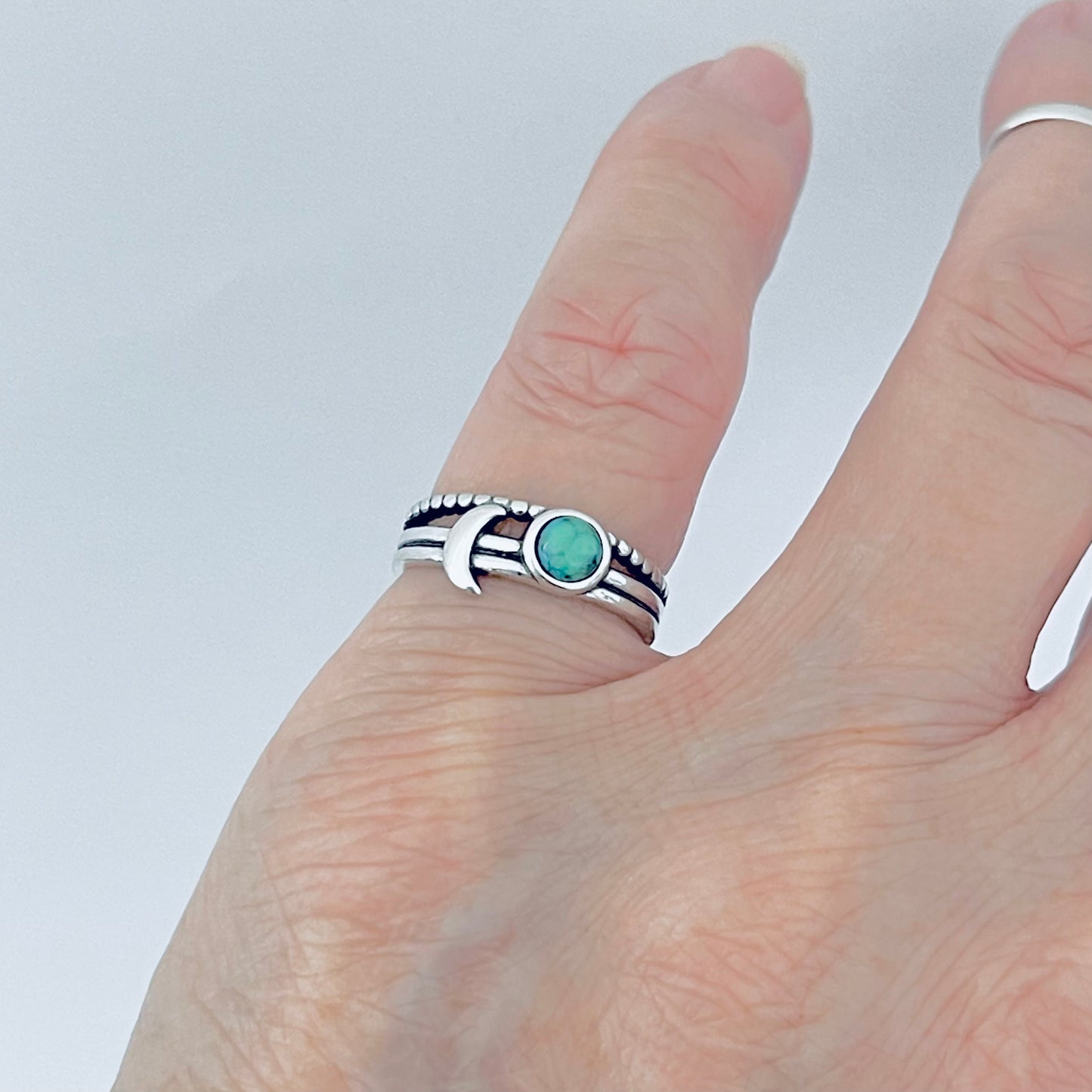 925 Sterling Silver Genuine Turquoise Full Moon and Crescent Moon Ring | Triple Band Celestial Silver Rings