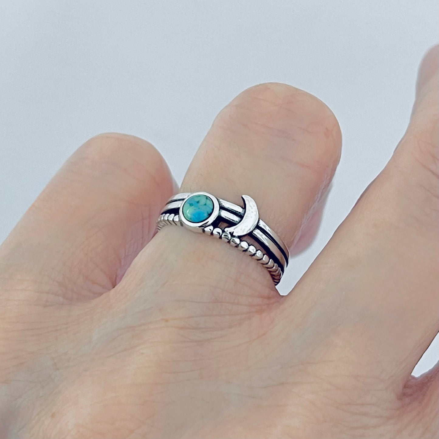 925 Sterling Silver Genuine Turquoise Full Moon and Crescent Moon Ring | Triple Band Celestial Silver Rings