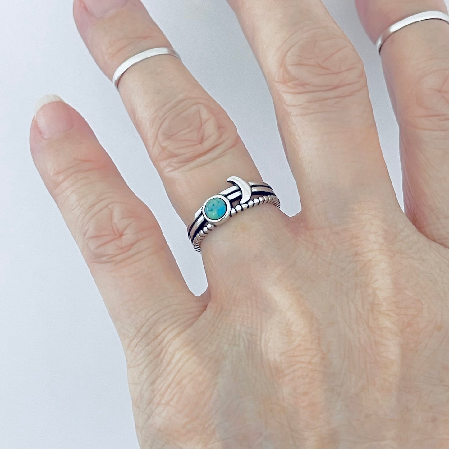 925 Sterling Silver Genuine Turquoise Full Moon and Crescent Moon Ring | Triple Band Celestial Silver Rings