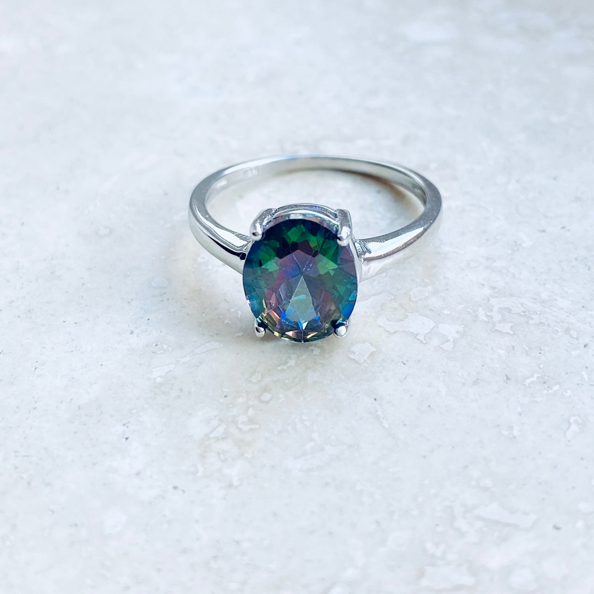 925 Sterling Silver Solitaire Wedding Rainbow Topaz CZ Ring | Engagement Stone Silver Rings