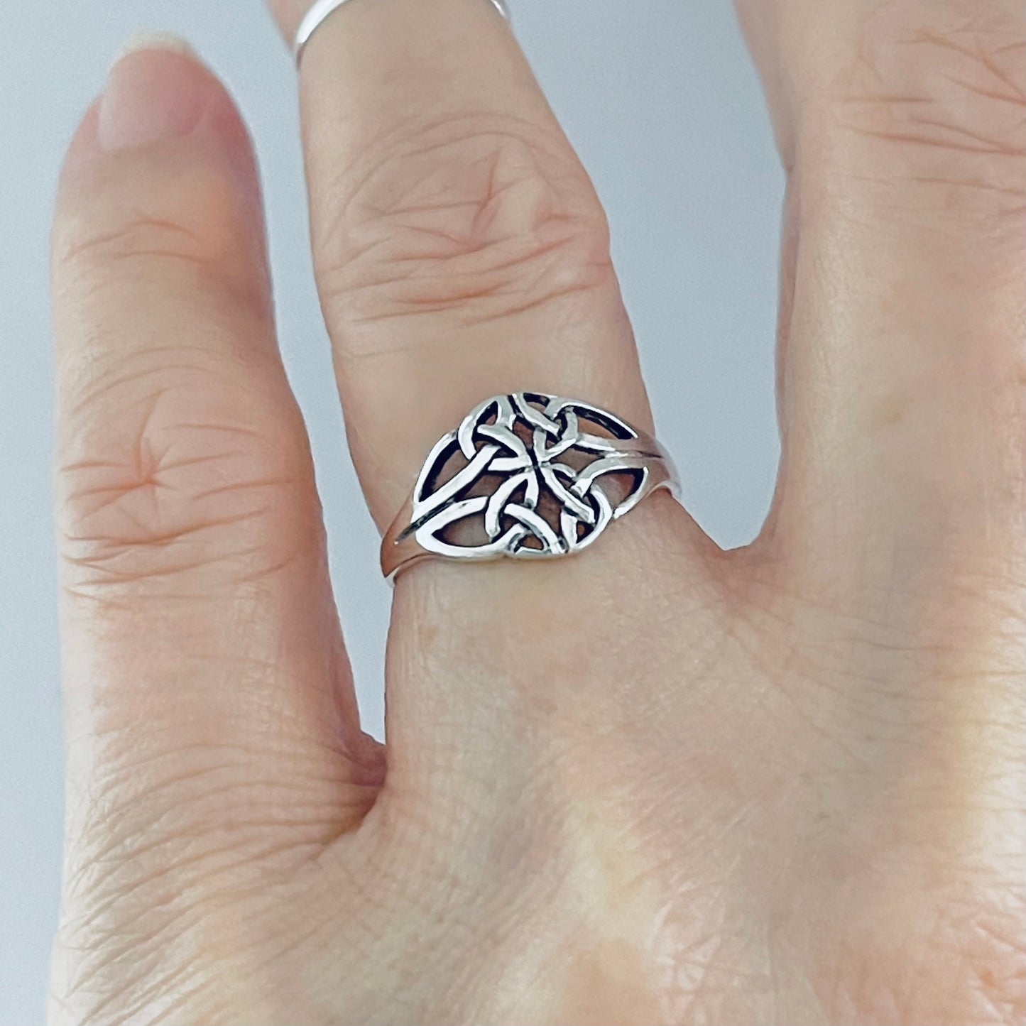 Sterling Silver Thin Quadruple Celtic Ring, Delicate Trinity Knots Jewelry