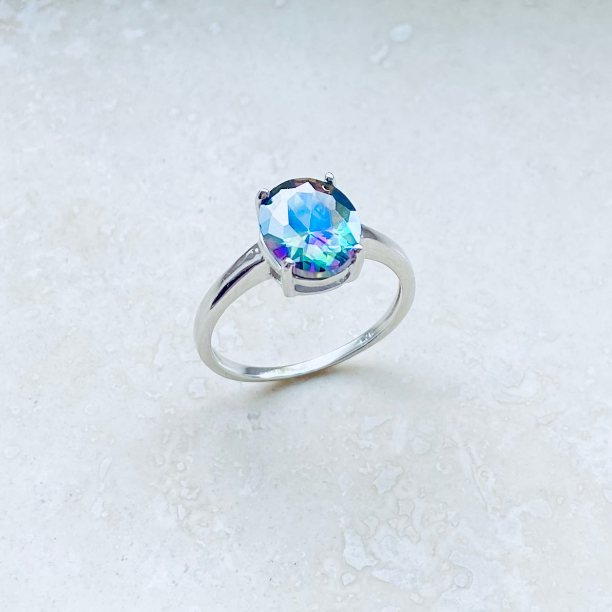 925 Sterling Silver Solitaire Wedding Rainbow Topaz CZ Ring | Engagement Stone Silver Rings