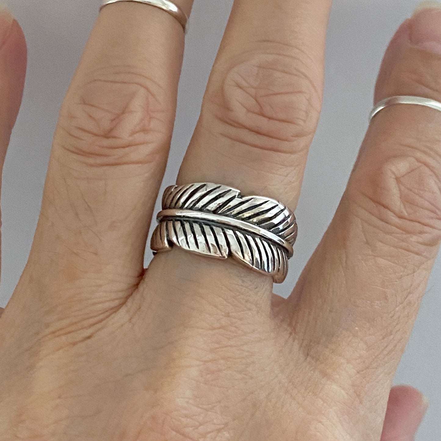 Sterling Silver Thick Wraparound Feather Ring, Statement Silver Rings, Leaf Ring