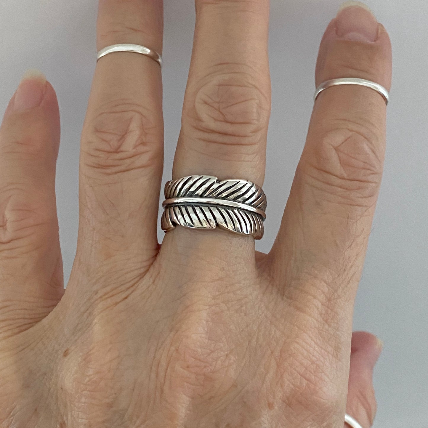 Sterling Silver Thick Wraparound Feather Ring, Statement Silver Rings, Leaf Ring