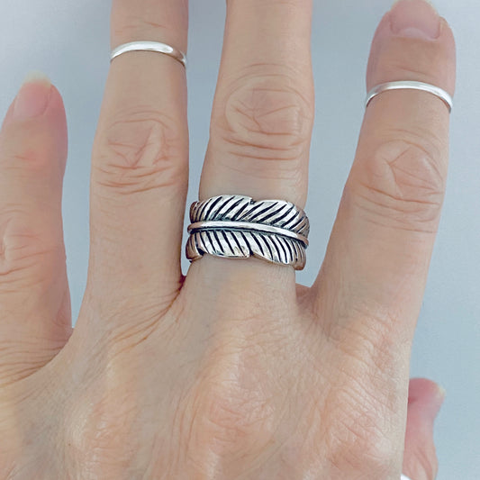 Sterling Silver Thick Wraparound Feather Ring, Statement Boho Jewelry, Angels Wings