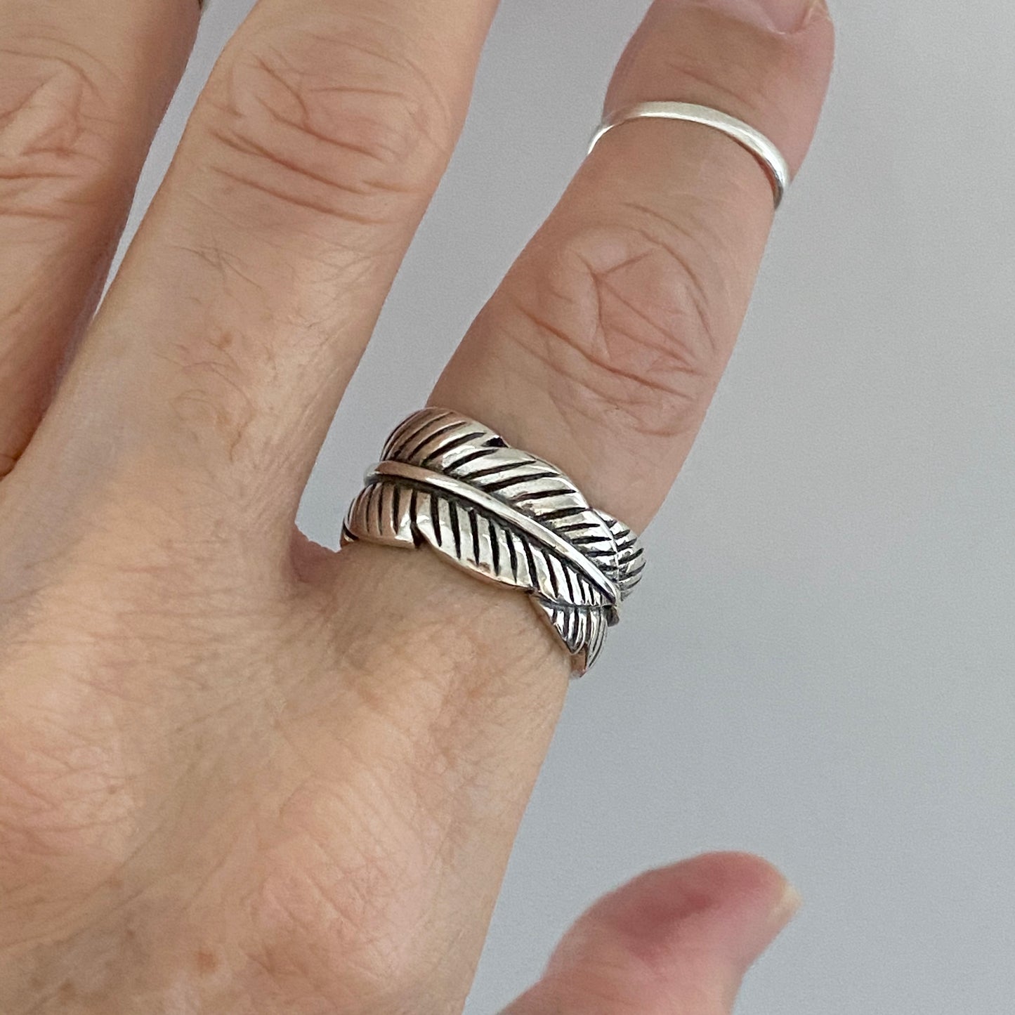 Sterling Silver Thick Wraparound Feather Ring, Statement Silver Rings, Leaf Ring