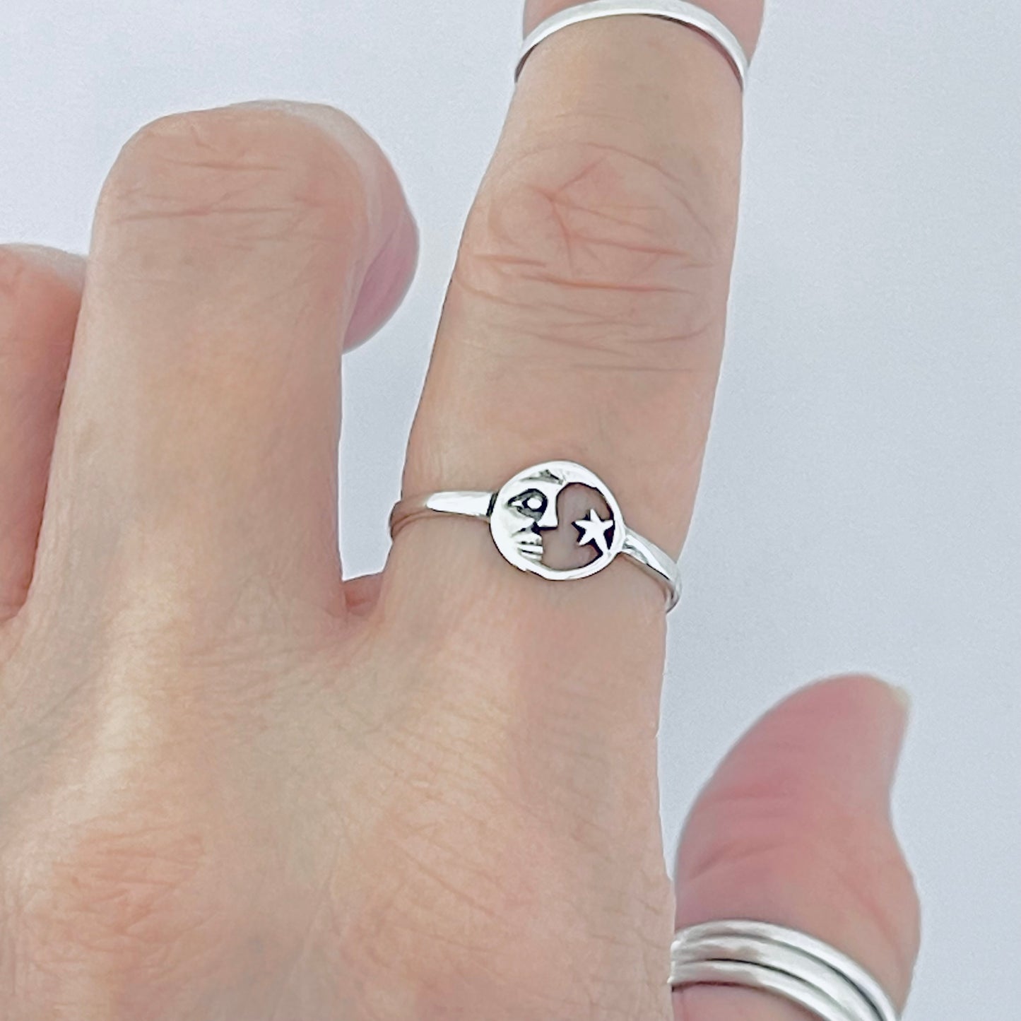925 Sterling Silver Dainty Moon Face & Star Ring | Celestial Silver Rings