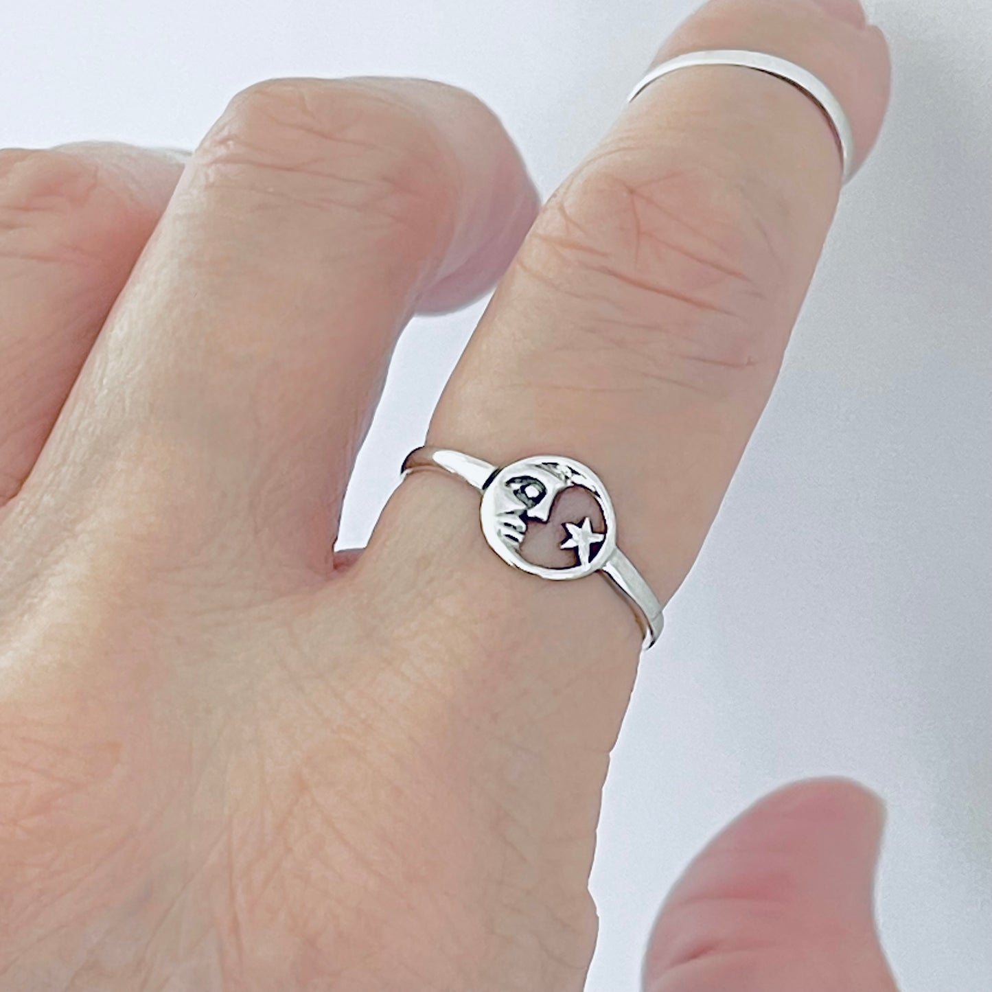 925 Sterling Silver Dainty Moon Face & Star Ring | Celestial Silver Rings