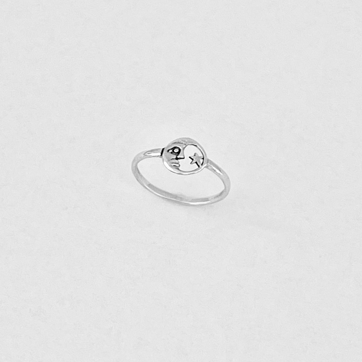 925 Sterling Silver Dainty Moon Face & Star Ring | Celestial Silver Rings