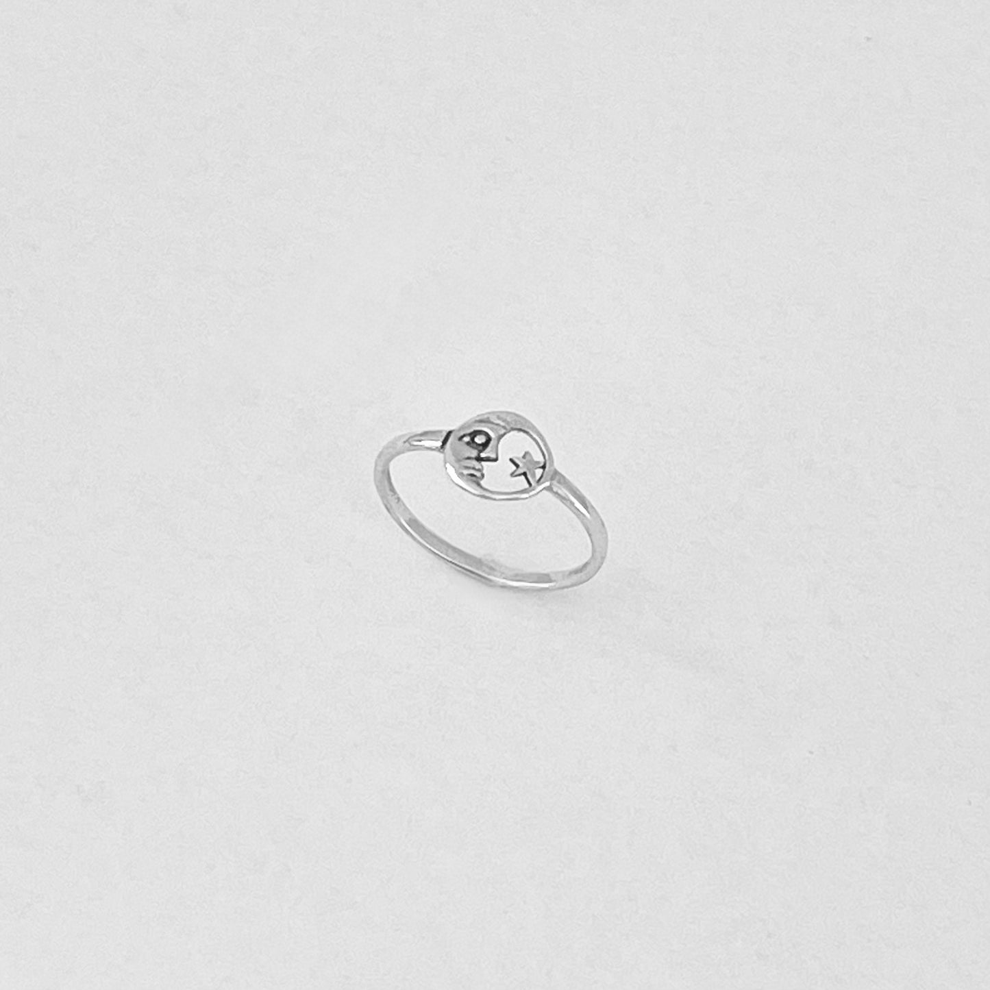 925 Sterling Silver Dainty Moon Face & Star Ring | Celestial Silver Rings