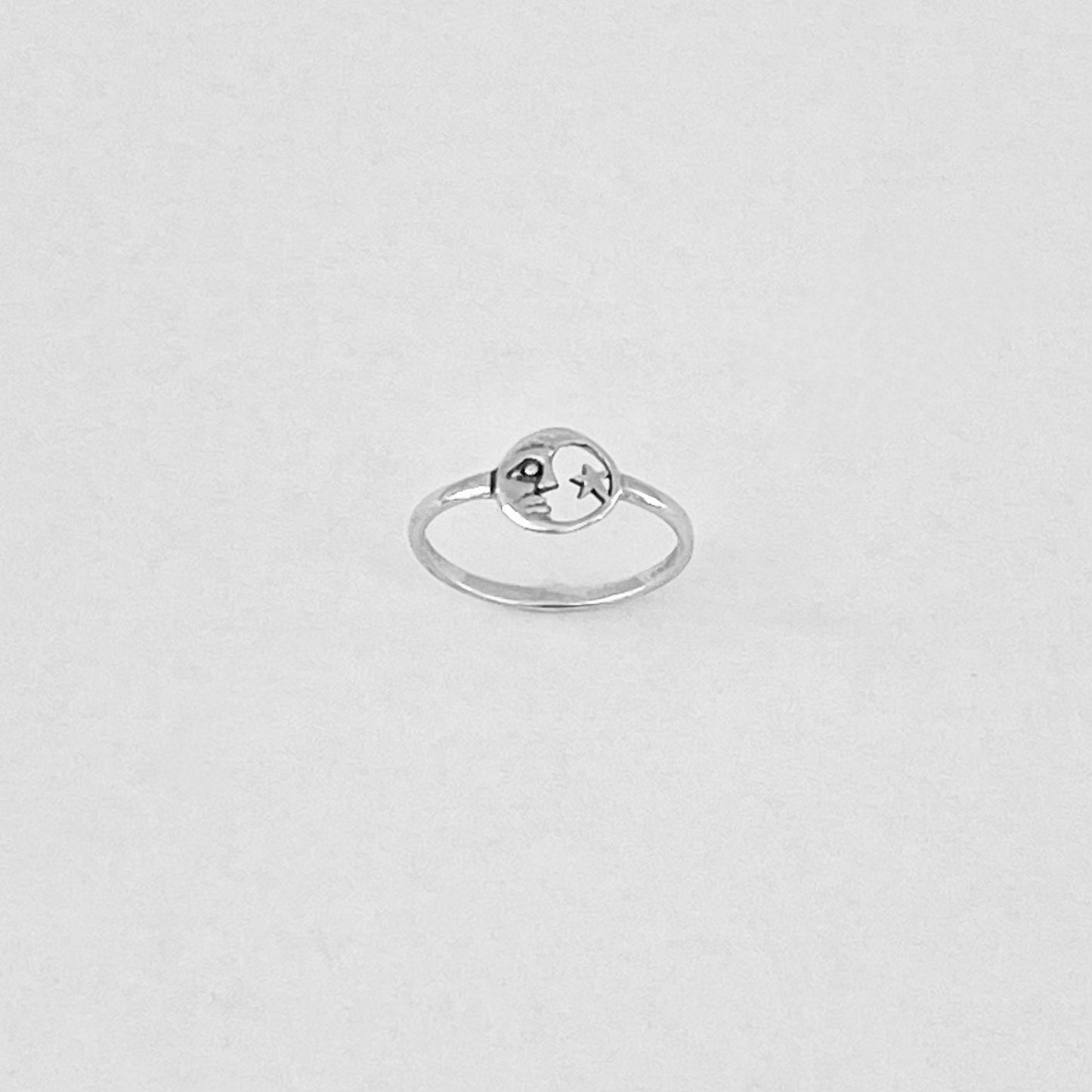 925 Sterling Silver Dainty Moon Face & Star Ring | Celestial Silver Rings