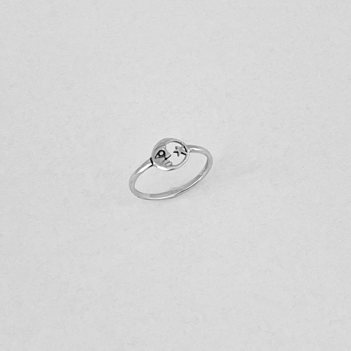 925 Sterling Silver Dainty Moon Face & Star Ring | Celestial Silver Rings