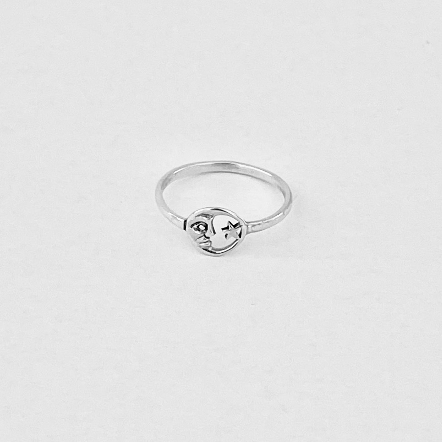 925 Sterling Silver Dainty Moon Face & Star Ring | Celestial Silver Rings