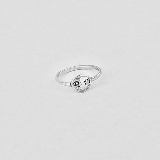 925 Sterling Silver Dainty Moon Face & Star Ring | Celestial Silver Rings