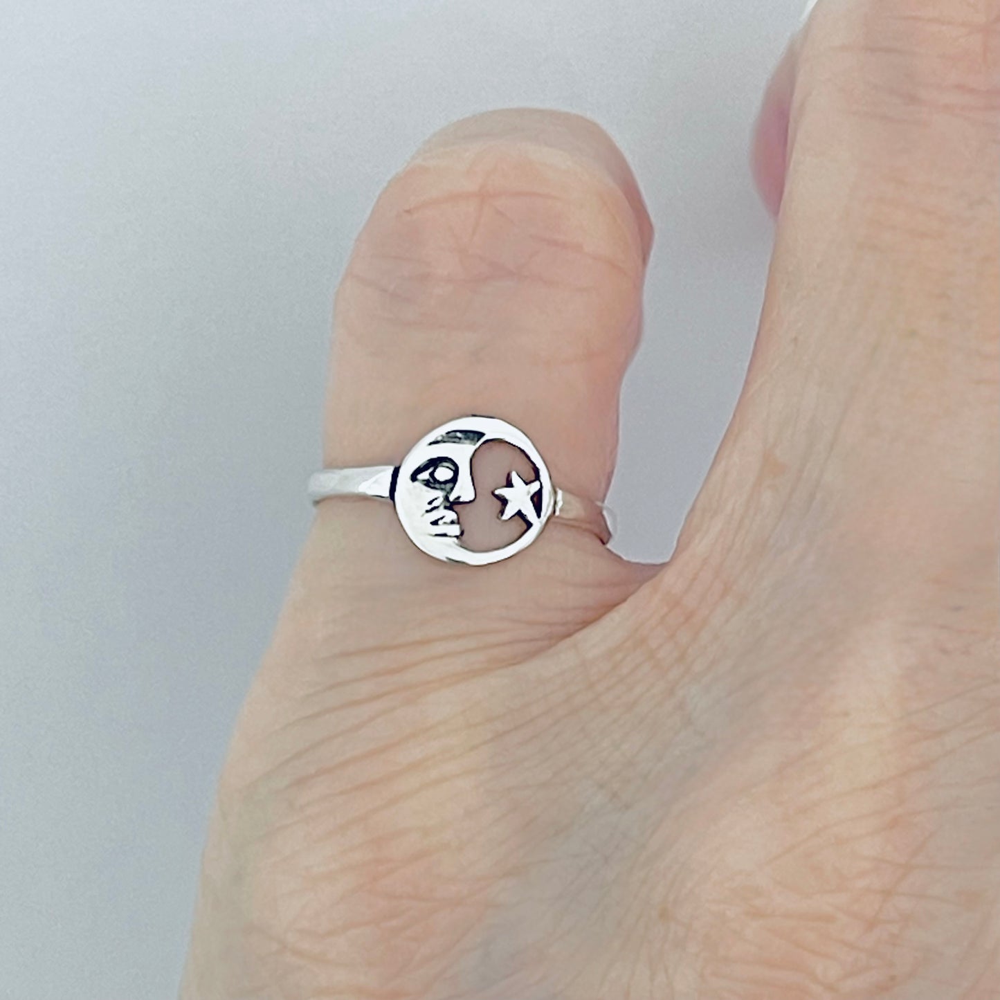 925 Sterling Silver Dainty Moon Face & Star Ring | Celestial Silver Rings